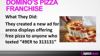 What They Did:
They created a new ad for
arena displays offering
free pizza to anyone who
texted “49ER to 313131”
DOMINO’S PIZZA
FRANCHISE
 