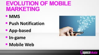  MMS
 Push Notification
 App-based
 In-game
 Mobile Web
EVOLUTION OF MOBILE
MARKETING
 