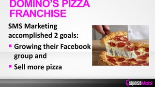 SMS Marketing
accomplished 2 goals:
 Growing their Facebook
group and
 Sell more pizza
DOMINO’S PIZZA
FRANCHISE
 