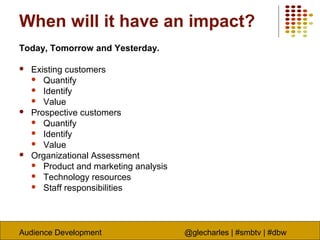 Audience Development @glecharles | #smbtv | #dbw
When will it have an impact?
Today, Tomorrow and Yesterday.
 Existing customers
 Quantify
 Identify
 Value
 Prospective customers
 Quantify
 Identify
 Value
 Organizational Assessment
 Product and marketing analysis
 Technology resources
 Staff responsibilities
 
