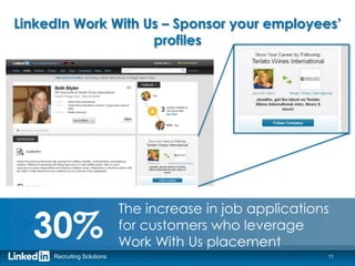 LinkedIn Work With Us – Sponsor your employees’
                    profiles




                            The increase in job applications
>30%                        for customers who leverage
                            Work With Us placement
     Recruiting Solutions                                  11
 