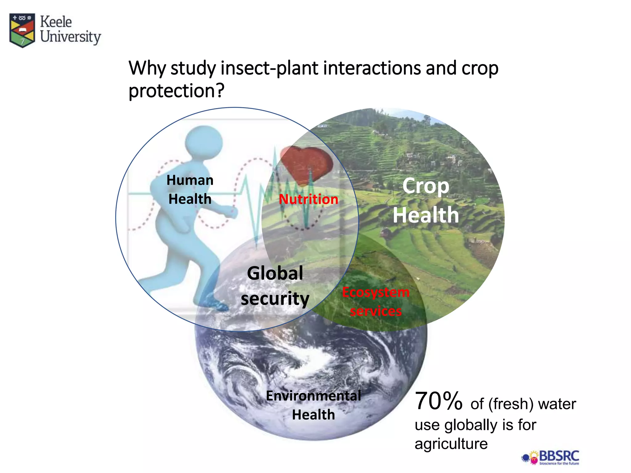 Environmental
Health
Human
Health
Crop
Health
Nutrition
Ecosystem
services
Global
security
Why study insect-plant interactions and crop
protection?
70% of (fresh) water
use globally is for
agriculture
Health
requires
nutrition
 
