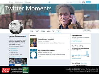 Twitter Moments
#smc055 11-06-2018: Twitter The Comeback Kid
Door: Herman Couwenbergh @Hermaniak
Couwenbergh
Communiceert
 