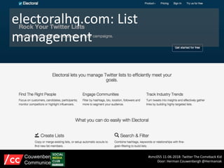 electoralhq.com: List
management
#smc055 11-06-2018: Twitter The Comeback Kid
Door: Herman Couwenbergh @Hermaniak
Couwenbergh
Communiceert
 