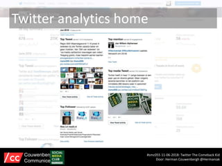 Twitter analytics home
#smc055 11-06-2018: Twitter The Comeback Kid
Door: Herman Couwenbergh @Hermaniak
Couwenbergh
Communiceert
 