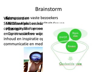 Brainstorm
 Kernwaarden vaste bezoekers
  Kerngroep en
Visie
SMC is een p’s en kwaliteit
 - Betrouwbaar
  SWOT > 4 ambassadeur gedreven
community die op een interactieve manier
 - Bourgondisch en netwerk
  Post-its
enConstructief en warmborg staat voor
 - op innovatieve wijze
inhoud en inspiratie op het gebied van
communicatie en media.
 