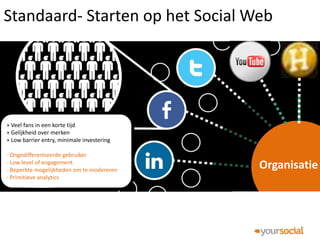Standaard- Starten op het Social Web




+ Veel fans in een korte tijd
+ Gelijkheid over merken
+ Low barrier entry, minimale investering

- Ongedifferentieerde gebruiker
- Low level of engagement
- Beperkte mogelijkheden om te modereren
                                            Organisatie
- Primitieve analytics
 