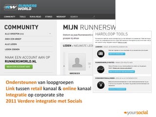 Ondersteunen van loopgroepen
Link tussen retail kanaal & online kanaal
Integratie op corporate site
2011 Verdere integratie met Socials
 