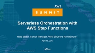 © 2017, Amazon Web Services, Inc. or its Affiliates. All rights reserved.
Nate Slater, Senior Manager AWS Solutions Architecture
April 18, 2017
Serverless Orchestration with
AWS Step Functions
 