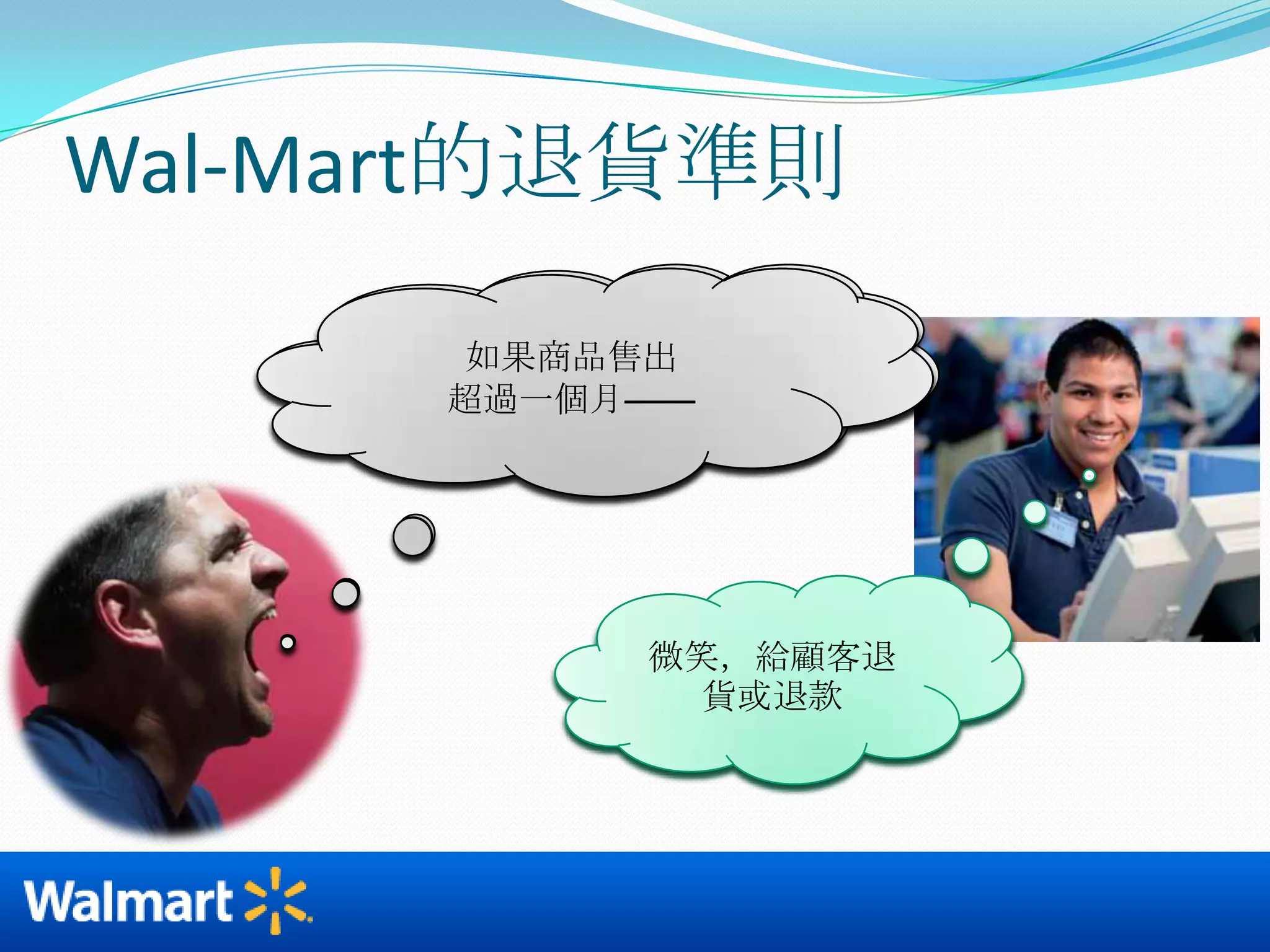Wal-Mart的退貨準則如果顧客沒有收據——如果你拿不准沃爾瑪是否出售這樣的商品——如果你懷疑商品曾被不恰當地使用過——如果商品售出超過一個月——微笑，給顧客退貨或退款微笑，給顧客退貨或退款微笑，給顧客退貨或退款微笑，給顧客退貨或退款