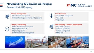 Newbuilding & Conversion Project
11
Services prior to SBC signing
Project Management
• Overall project management
• In-house knowledge, experience and procedures
Design Consultancy
• Outline Specification development
• Shipping feasibility study
• Ship’s design review
• Hull form optimisation management
Yard Selection
• Tender, RFQ management
• Yard audit
• Gap analysis
Ship Building Contract Negotiations
• Ship Building Contract
• Technical Specification
• General Arrangement
• Maker List
 