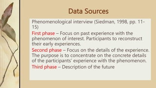 Data Sources
Phenomenological interview (Siedman, 1998, pp. 11-
15)
First phase – Focus on past experience with the
phenomenon of interest. Participants to reconstruct
their early experiences.
Second phase – Focus on the details of the experience.
The purpose is to concentrate on the concrete details
of the participants’ experience with the phenomenon.
Third phase – Description of the future
 