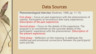 Data Sources
Phenomenological interview (Siedman, 1998, pp. 11-15)
First phase – Focus on past experience with the phenomenon of
interest. Participants to reconstruct their early experiences.
(Description of the past experience)
Second phase – Focus on the details of the experience. The
purpose is to concentrate on the concrete details of the
participants’ experience with the phenomenon. (Description of
the present experience)
Third phase – Reflection on the meaning. It addresses the
intellectual and emotional connections between the participants’
work and life.
 