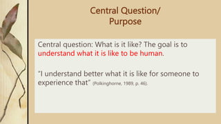 Central Question/
Purpose
Central question: What is it like? The goal is to
understand what it is like to be human.
“I understand better what it is like for someone to
experience that” (Polkinghorne, 1989, p. 46).
 