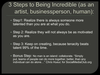 3 Local Ideas for Social Media Artists and Advocates:1 Organize a Gallery Crawl for Art Detroit NowOctober 2-3, 2009 (next weekend!)2 Organize a Slideluck PotshowConvene, take pictures, upload3 Join Ypsilanti’s Spur StudiosAn artist’s commune for all types of art: visual, musical, performance4 Join The Key Performance ArtsOriginal Metro Detroit musical revolutionizing the rehearsal process through social media