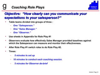 Coaching Role Plays Table teams divided into groups of three  : One “Salesperson.” One “Sales Manager.” One “Observer.” Use sheets in Appendix for Role Play #1 Observers evaluate how effectively Sales Manager provided baselines against which the Salesperson can measure and monitor their effectiveness. After Role Play #1 switch roles to do Role Play #2. Times: 5 minutes to set up 10 minutes to conduct each coaching session. 5 minutes for Observer de-brief Objective:  “How clearly can you communicate your expectations to your salesperson?” 