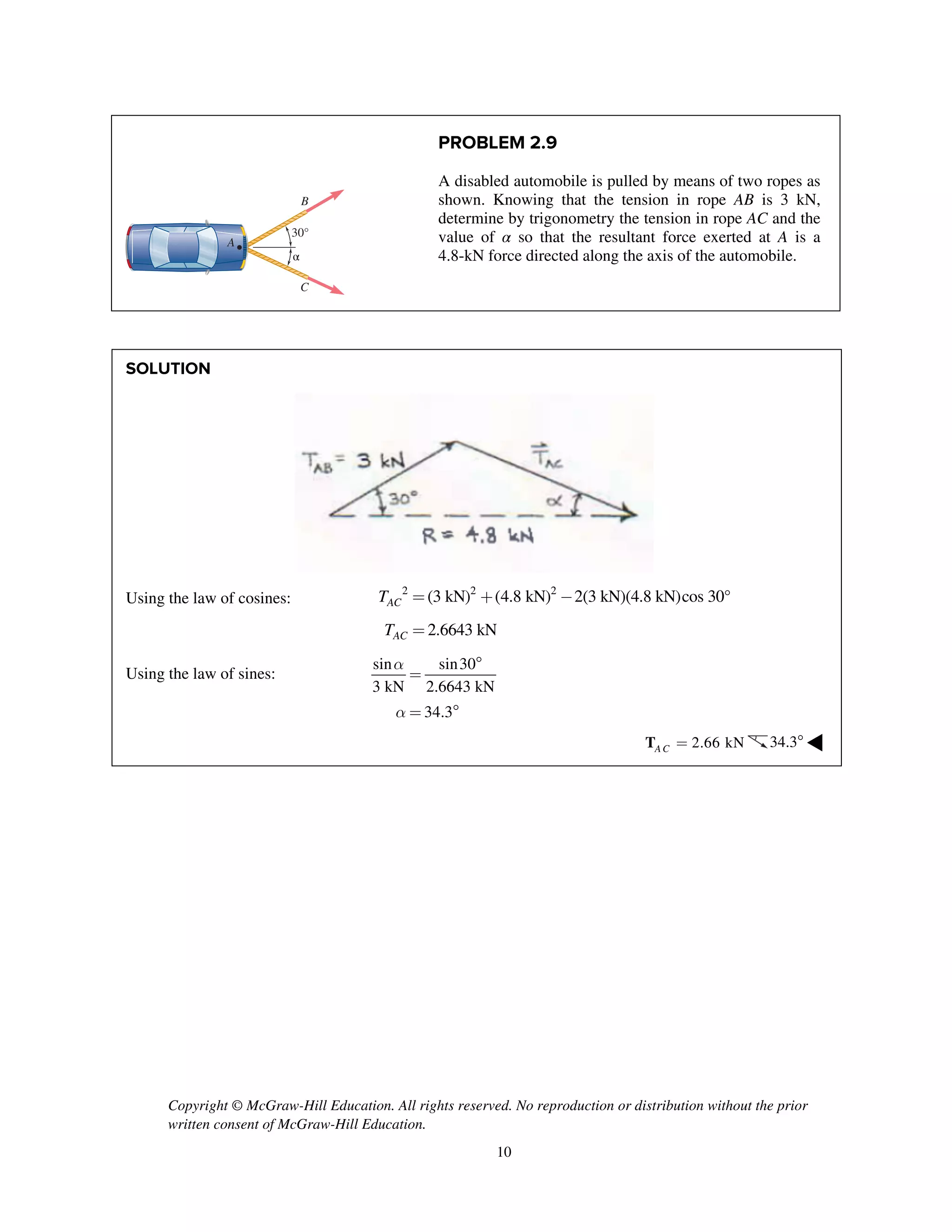 Copyright © McGraw-Hill Education. All rights reserved. No reproduction or distribution without the prior
written consent of McGraw-Hill Education.
10
PROBLEM 2.9
A disabled automobile is pulled by means of two ropes as
shown. Knowing that the tension in rope AB is 3 kN,
determine by trigonometry the tension in rope AC and the
value of α so that the resultant force exerted at A is a
4.8-kN force directed along the axis of the automobile.
SOLUTION
Using the law of cosines:
2 2 2
(3 kN) (4.8 kN) 2(3 kN)(4.8 kN)cos 30°
2.6643 kN
AC
AC
T
T
= + -
=
Using the law of sines:
sin sin30
3 kN 2.6643 kN
34.3
a
a

=
= 
2.66 kNA C =T 34.3 ◀
30°
B
C
A
α
 