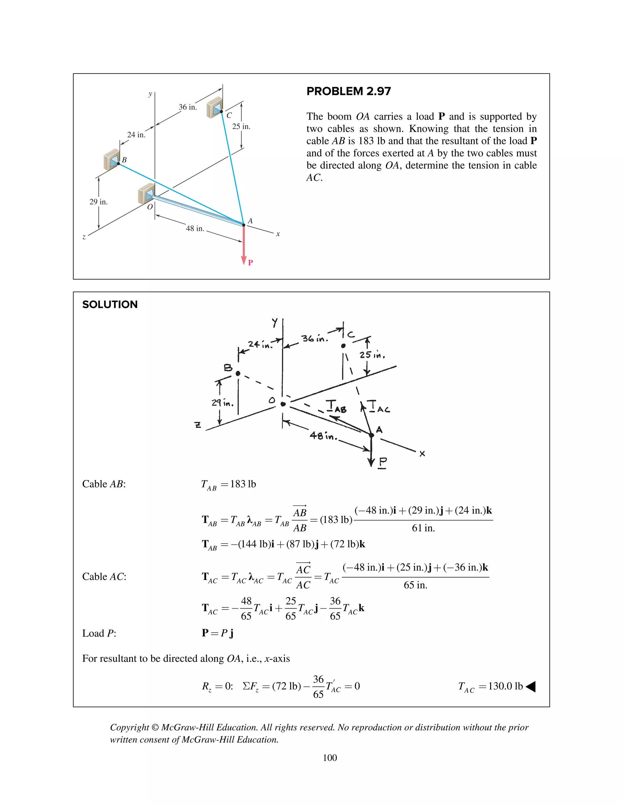 Copyright © McGraw-Hill Education. All rights reserved. No reproduction or distribution without the prior
written consent of McGraw-Hill Education.
100
PROBLEM 2.97
The boom OA carries a load P and is supported by
two cables as shown. Knowing that the tension in
cable AB is 183 lb and that the resultant of the load P
and of the forces exerted at A by the two cables must
be directed along OA, determine the tension in cable
AC.
SOLUTION
Cable AB: 183 lbABT =
i j k
T λ
T i j k
( 48 in.) (29 in.) (24 in.)
(183 lb)
61 in.
(144 lb) (87 lb) (72 lb)
AB AB AB AB
AB
AB
T T
AB
- + +
= = =
=- + +

Cable AC:
i j k
T λ
T i j k
( 48 in.) (25 in.) ( 36 in.)
65 in.
48 25 36
65 65 65
AC AC AC AC AC
AC AC AC AC
AC
T T T
AC
T T T
- + + -
= = =
=- + -

Load P: P=P j
For resultant to be directed along OA, i.e., x-axis
36
0: (72 lb) 0
65
z z ACR F T¢
= S = - = 130.0 lbACT = ◀
z
24 in.
29 in.
25 in.
48 in.
A
C
B
O
y
36 in.
x
P
 