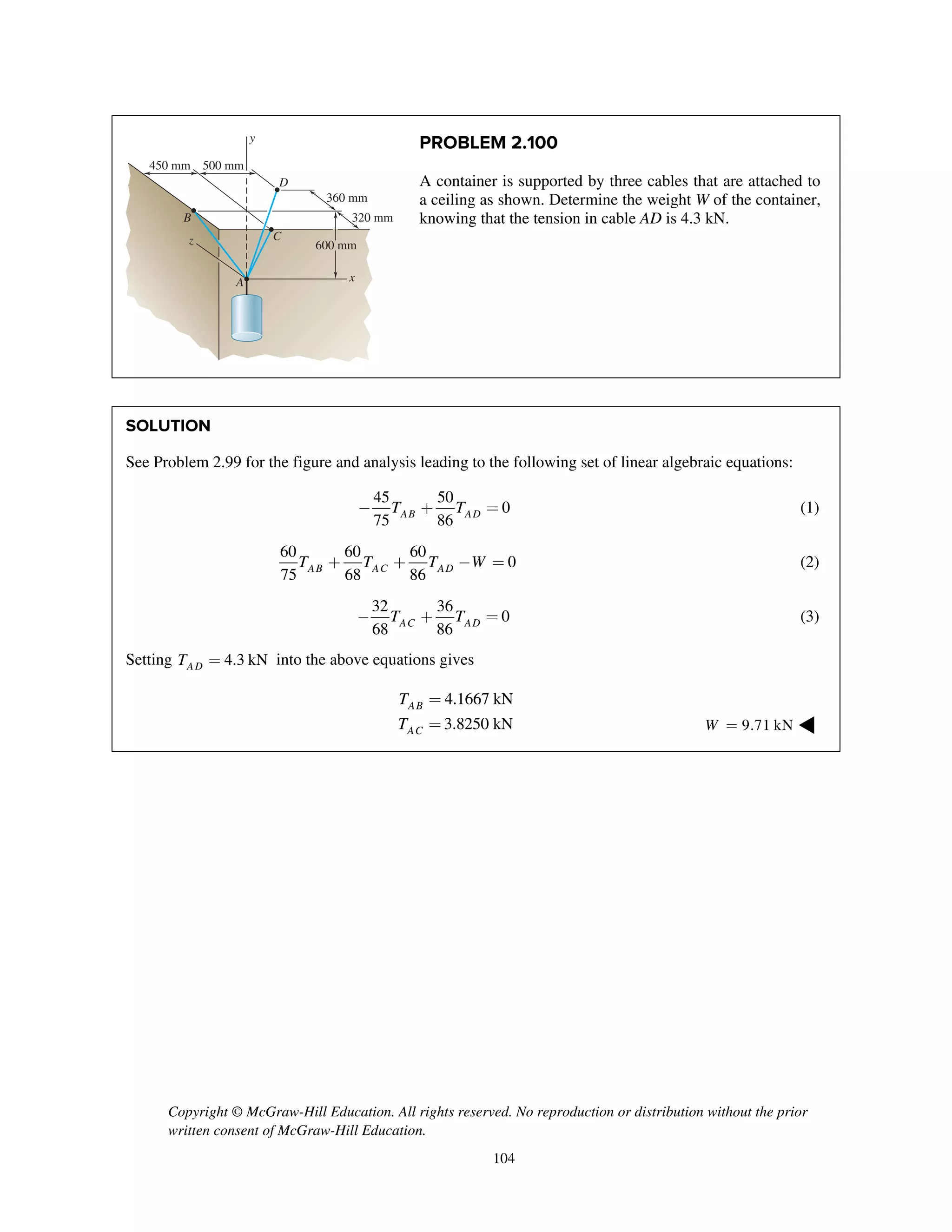 Copyright © McGraw-Hill Education. All rights reserved. No reproduction or distribution without the prior
written consent of McGraw-Hill Education.
104
PROBLEM 2.100
A container is supported by three cables that are attached to
a ceiling as shown. Determine the weight W of the container,
knowing that the tension in cable AD is 4.3 kN.
SOLUTION
See Problem 2.99 for the figure and analysis leading to the following set of linear algebraic equations:
45 50
0
75 86AB ADT T- + = (1)
60 60 60
0
75 68 86AB AC ADT T T W+ + - = (2)
32 36
0
68 86AC ADT T- + = (3)
Setting 4.3 kNADT = into the above equations gives
4.1667 kN
3.8250 kN
AB
AC
T
T
=
= 9.71 kNW = ◀
y
x
z
450 mm 500 mm
360 mm
320 mm
600 mm
A
C
D
B
 