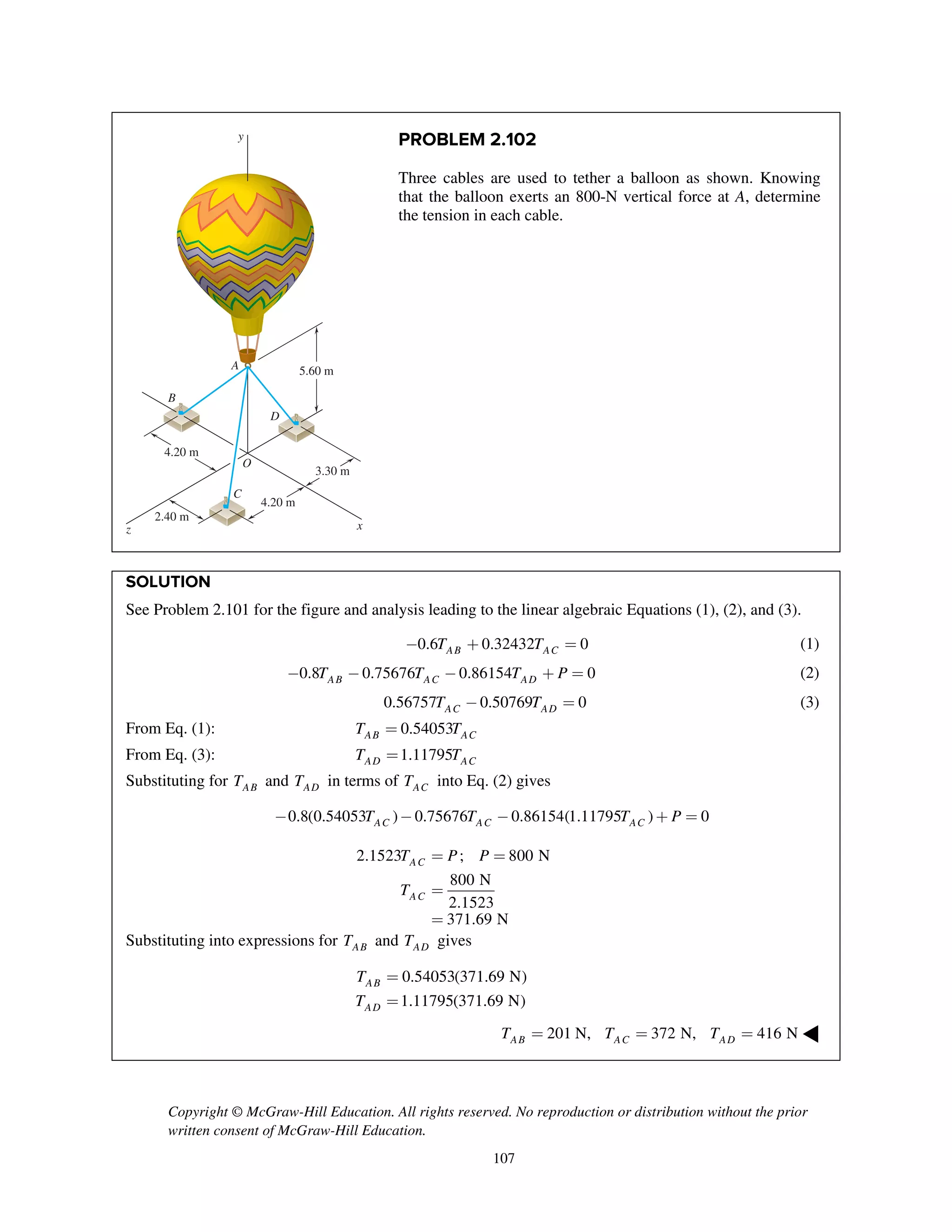 Copyright © McGraw-Hill Education. All rights reserved. No reproduction or distribution without the prior
written consent of McGraw-Hill Education.
107
PROBLEM 2.102
Three cables are used to tether a balloon as shown. Knowing
that the balloon exerts an 800-N vertical force at A, determine
the tension in each cable.
SOLUTION
See Problem 2.101 for the figure and analysis leading to the linear algebraic Equations (1), (2), and (3).
0.6 0.32432 0AB ACT T- + = (1)
0.8 0.75676 0.86154 0AB AC ADT T T P- - - + = (2)
0.56757 0.50769 0AC ADT T- = (3)
From Eq. (1): 0.54053AB ACT T=
From Eq. (3): 1.11795AD ACT T=
Substituting for ABT and ADT in terms of ACT into Eq. (2) gives
0.8(0.54053 ) 0.75676 0.86154(1.11795 ) 0AC AC ACT T T P- - - + =
2.1523 ; 800 N
800 N
2.1523
371.69 N
AC
AC
T P P
T
= =
=
=
Substituting into expressions for ABT and ADT gives
0.54053(371.69 N)
1.11795(371.69 N)
AB
AD
T
T
=
=
201 N, 372 N, 416 NAB AC ADT T T= = = ◀
A
B
C
D
O
4.20 m
4.20 m
3.30 m
5.60 m
2.40 m
x
y
z
 