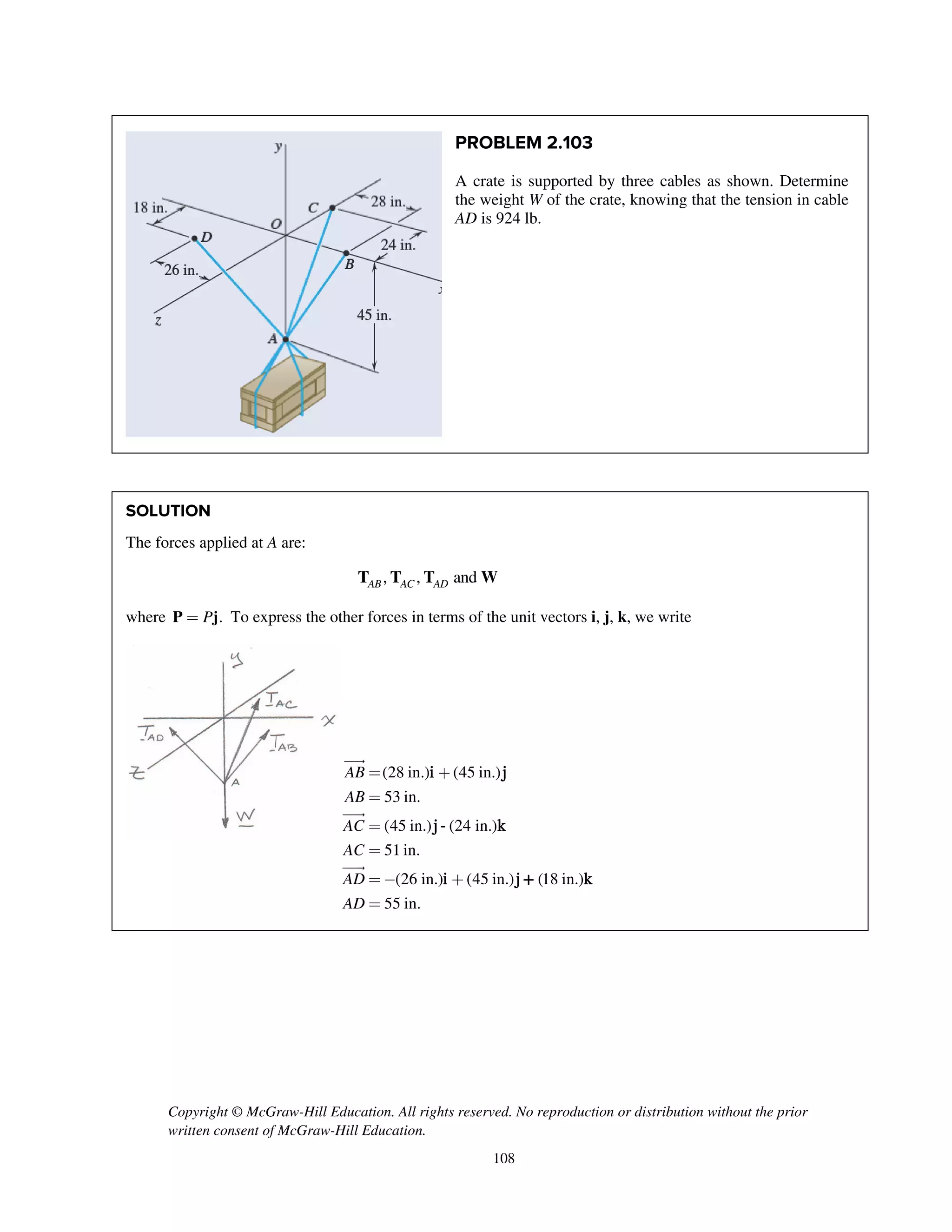 Copyright © McGraw-Hill Education. All rights reserved. No reproduction or distribution without the prior
written consent of McGraw-Hill Education.
108
PROBLEM 2.103
A crate is supported by three cables as shown. Determine
the weight W of the crate, knowing that the tension in cable
AD is 924 lb.
SOLUTION
The forces applied at A are:
T T T W, , andAB AC AD
where P j.P= To express the other forces in terms of the unit vectors i, j, k, we write
(28 in.) (45 in.)
53 in.
(45 in.) (24 in.)
51 in.
(26 in.) (45 in.) (18 in.)
55 in.
AB
AB
AC
AC
AD
AD
= +
=
=
=
= - +
=



i j
j - k
i j + k
 