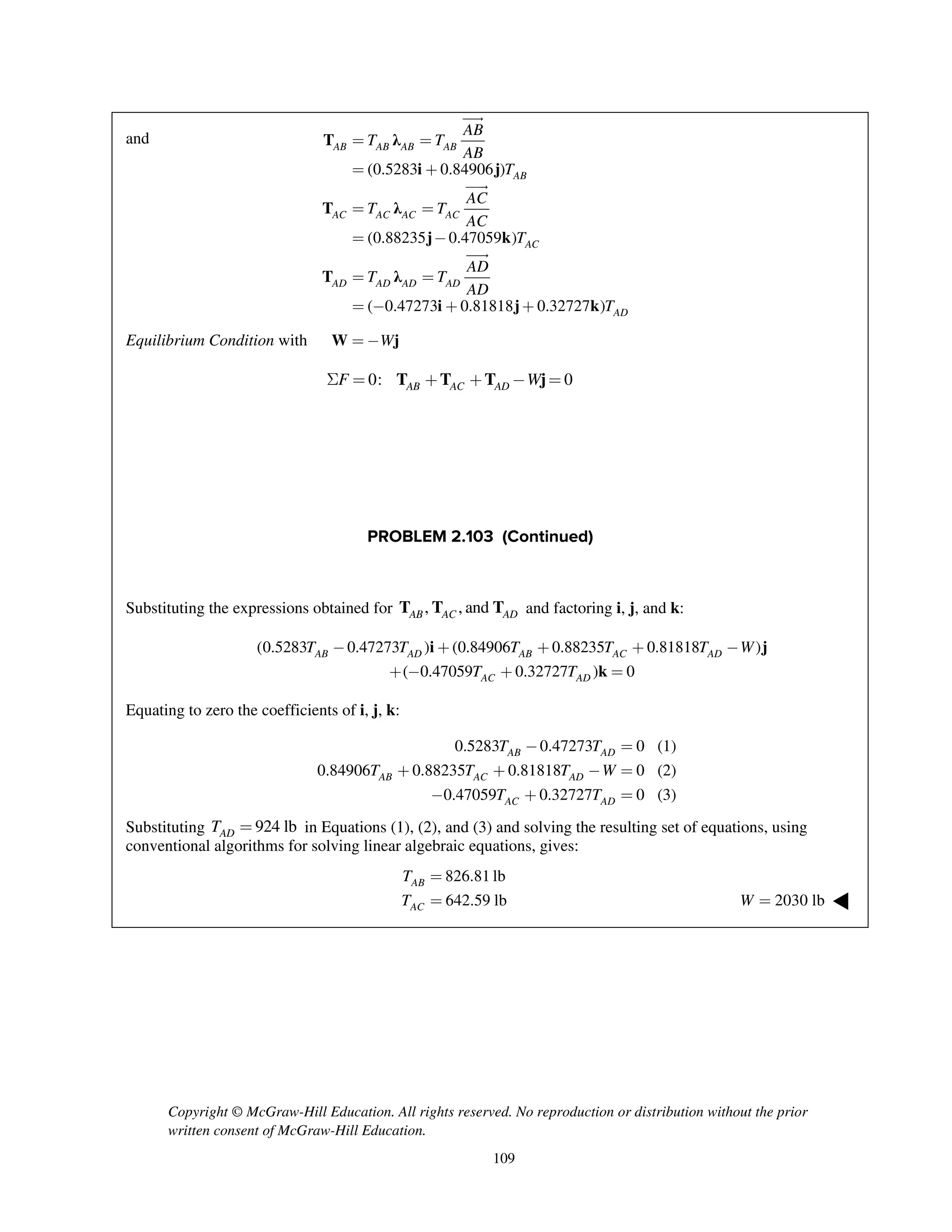 Copyright © McGraw-Hill Education. All rights reserved. No reproduction or distribution without the prior
written consent of McGraw-Hill Education.
109
and T λ
i j
T λ
j k
T λ
i j k
(0.5283 0.84906 )
(0.88235 0.47059 )
( 0.47273 0.81818 0.32727 )
AB AB AB AB
AB
AC AC AC AC
AC
AD AD AD AD
AD
AB
T T
AB
T
AC
T T
AC
T
AD
T T
AD
T
= =
= +
= =
= -
= =
= - + +



Equilibrium Condition with W jW= -
T T T j0: 0AB AC ADF WS = + + - =
PROBLEM 2.103 (Continued)
Substituting the expressions obtained for T T T, , andAB AC AD and factoring i, j, and k:
i j
k
(0.5283 0.47273 ) (0.84906 0.88235 0.81818 )
( 0.47059 0.32727 ) 0
AB AD AB AC AD
AC AD
T T T T T W
T T
- + + + -
+ - + =
Equating to zero the coefficients of i, j, k:
0.5283 0.47273 0 (1)
0.84906 0.88235 0.81818 0 (2)
0.47059 0.32727 0 (3)
AB AD
AB AC AD
AC AD
T T
T T T W
T T
- =
+ + - =
- + =
Substituting 924 lbADT = in Equations (1), (2), and (3) and solving the resulting set of equations, using
conventional algorithms for solving linear algebraic equations, gives:
826.81 lb
642.59 lb
AB
AC
T
T
=
= 2030 lbW = ◀
 
