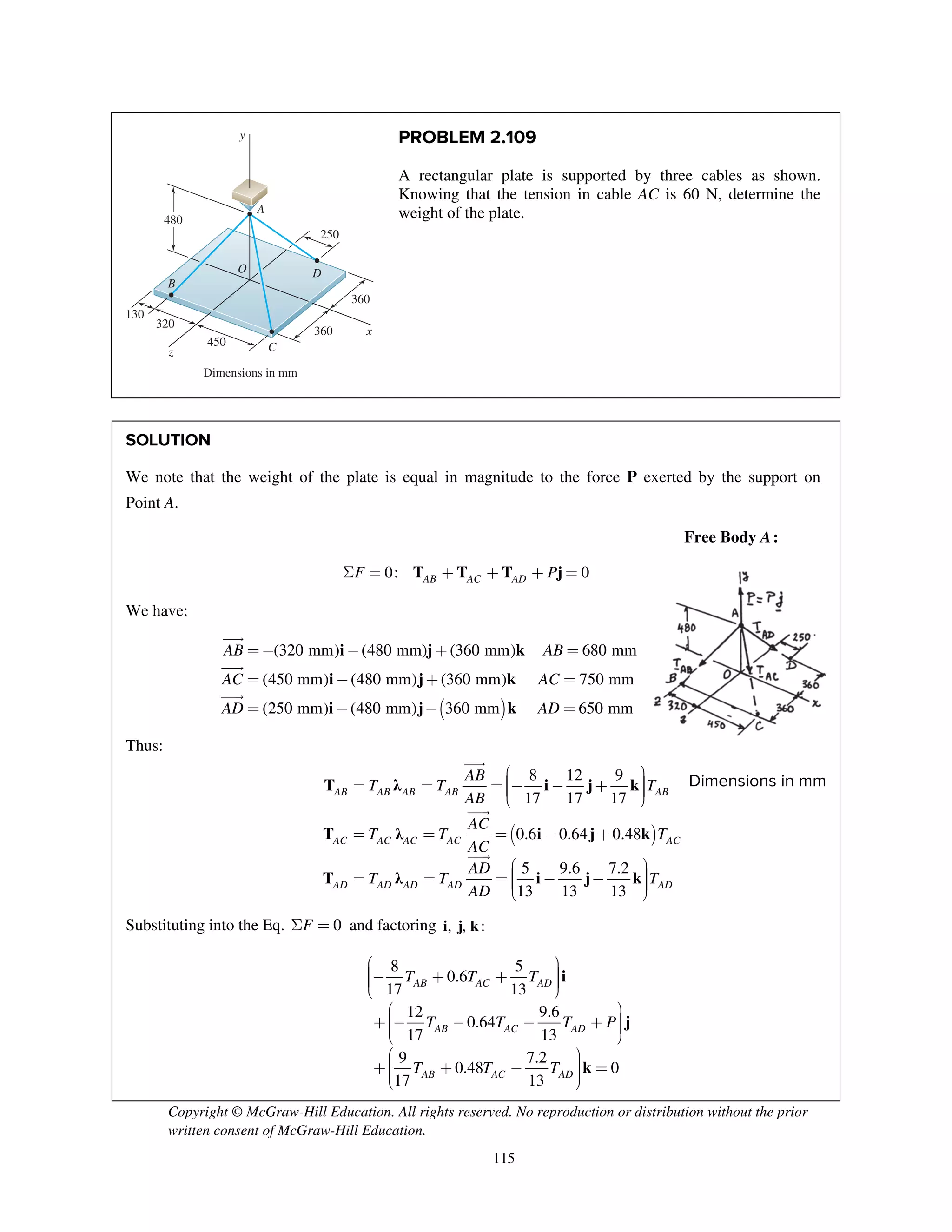 Copyright © McGraw-Hill Education. All rights reserved. No reproduction or distribution without the prior
written consent of McGraw-Hill Education.
115
PROBLEM 2.109
A rectangular plate is supported by three cables as shown.
Knowing that the tension in cable AC is 60 N, determine the
weight of the plate.
SOLUTION
We note that the weight of the plate is equal in magnitude to the force P exerted by the support on
Point A.
Free Body A:
0: 0AB AC ADF PS = + + + =T T T j
We have:
( )
i j k
i j k
i j k
(320 mm) (480 mm) (360 mm) 680 mm
(450 mm) (480 mm) (360 mm) 750 mm
(250 mm) (480 mm) 360 mm 650 mm
AB AB
AC AC
AD AD
=- - + =
= - + =
= - - =



Thus:
( )
T λ i j k
T λ i j k
T λ i j k
8 12 9
17 17 17
0.6 0.64 0.48
5 9.6 7.2
13 13 13
AB AB AB AB AB
AC AC AC AC AC
AD AD AD AD AD
AB
T T T
AB
AC
T T T
AC
AD
T T T
AD
æ ö÷ç= = = - - + ÷ç ÷ç ÷è ø
= = = - +
æ ö÷ç= = = - - ÷ç ÷ç ÷è ø



Substituting into the Eq. 0FS = and factoring , , :i j k
8 5
0.6
17 13
12 9.6
0.64
17 13
9 7.2
0.48 0
17 13
AB AC AD
AB AC AD
AB AC AD
T T T
T T T P
T T T
æ ö÷ç- + + ÷ç ÷ç ÷è ø
æ ö÷ç+ - - - + ÷ç ÷ç ÷è ø
æ ö÷ç+ + - ÷ =ç ÷ç ÷è ø
i
j
k
x
y
z
A
B
C
DO
250
130
360
360
320
450
480
Dimensions in mm
Dimensions in mm
 