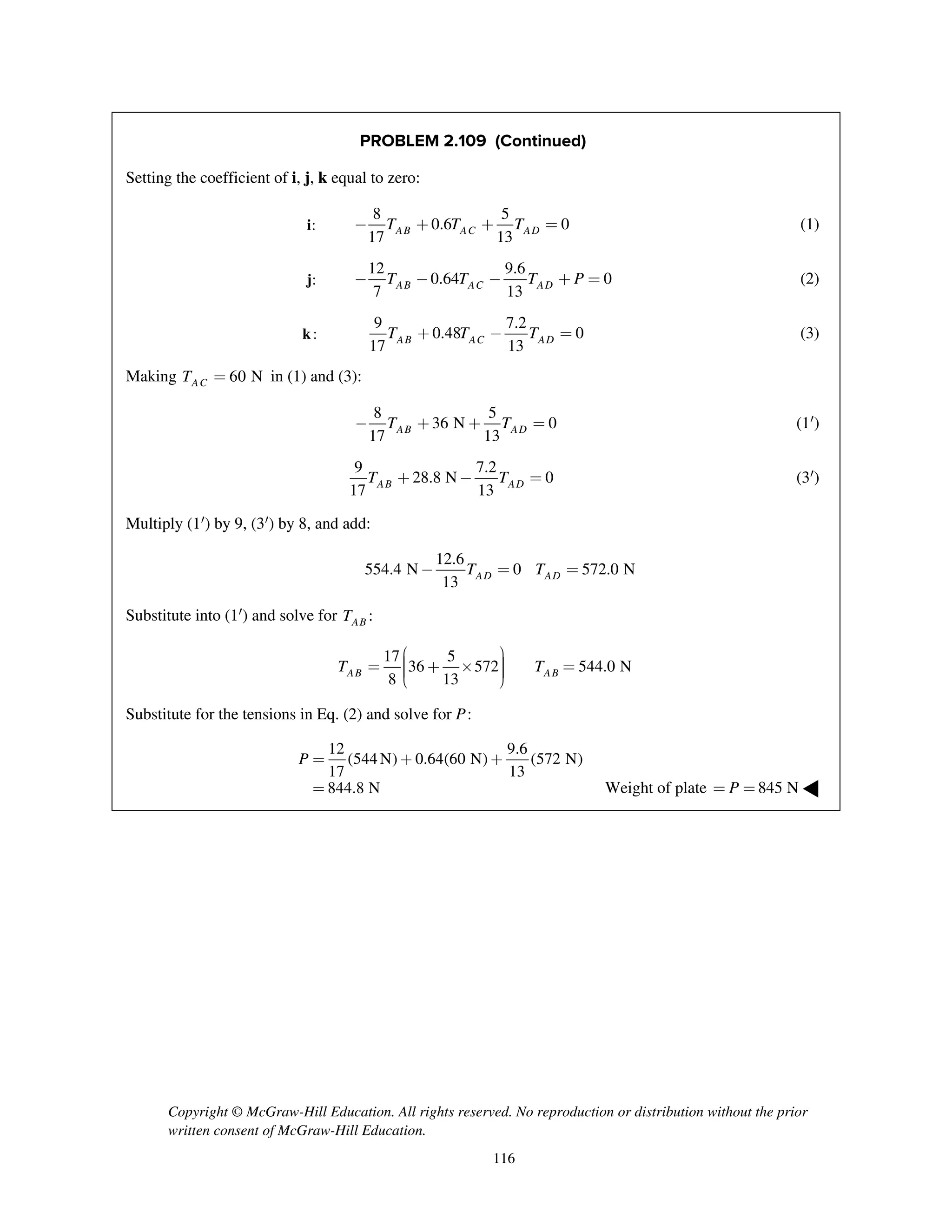 Copyright © McGraw-Hill Education. All rights reserved. No reproduction or distribution without the prior
written consent of McGraw-Hill Education.
116
PROBLEM 2.109 (Continued)
Setting the coefficient of i, j, k equal to zero:
:i
8 5
0.6 0
17 13AB AC ADT T T- + + = (1)
:j
12 9.6
0.64 0
7 13AB AC ADT T T P- - - + = (2)
:k
9 7.2
0.48 0
17 13AB AC ADT T T+ - = (3)
Making 60 NACT = in (1) and (3):
8 5
36 N 0
17 13AB ADT T- + + = (1¢)
9 7.2
28.8 N 0
17 13AB ADT T+ - = (3¢)
Multiply (1¢) by 9, (3¢) by 8, and add:
12.6
554.4 N 0 572.0 N
13 AD ADT T- = =
Substitute into (1¢) and solve for :ABT
17 5
36 572 544.0 N
8 13AB ABT T
æ ö÷ç= + ´ ÷ =ç ÷ç ÷è ø
Substitute for the tensions in Eq. (2) and solve for P:
12 9.6
(544 N) 0.64(60 N) (572 N)
17 13
844.8 N
P = + +
= Weight of plate 845 NP= = ◀
 