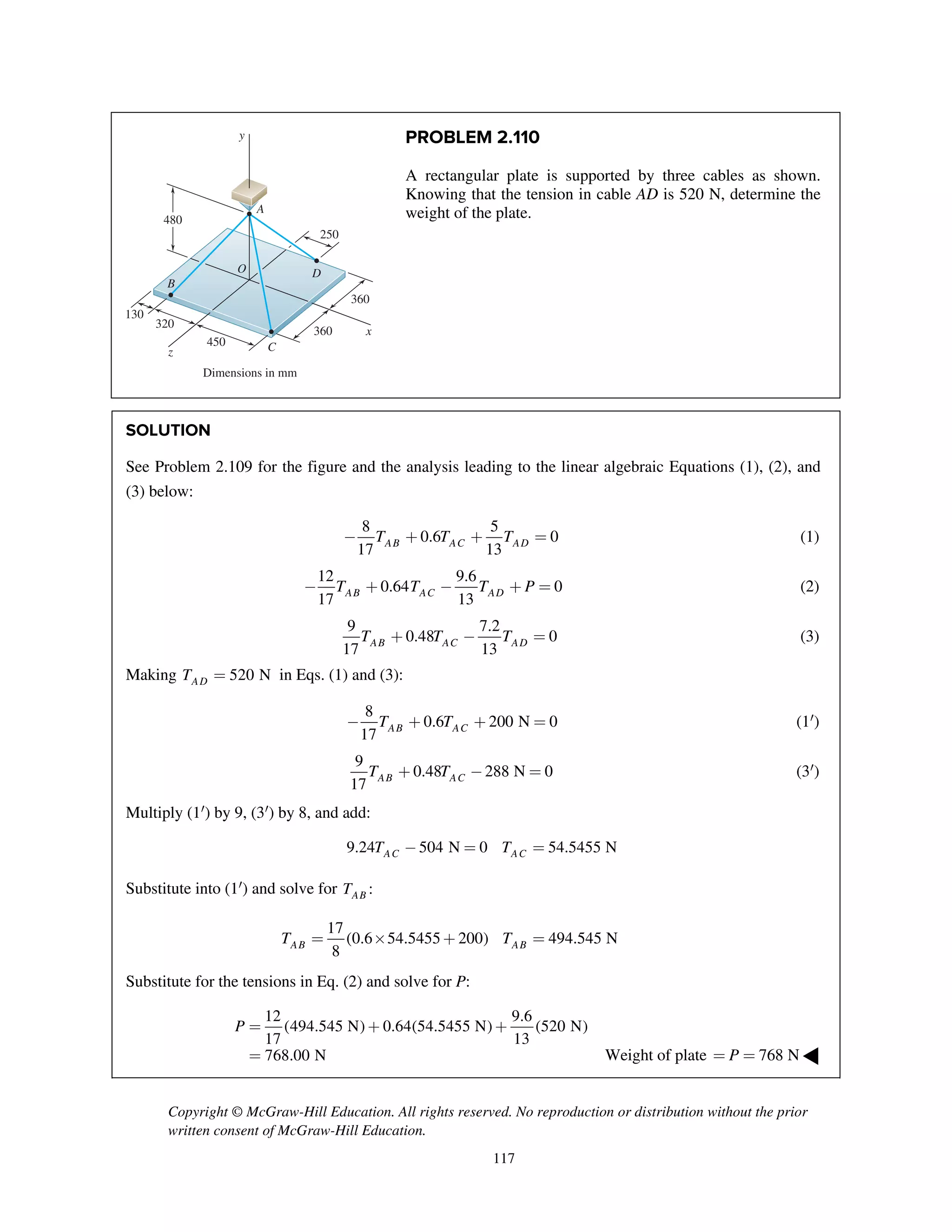 Copyright © McGraw-Hill Education. All rights reserved. No reproduction or distribution without the prior
written consent of McGraw-Hill Education.
117
PROBLEM 2.110
A rectangular plate is supported by three cables as shown.
Knowing that the tension in cable AD is 520 N, determine the
weight of the plate.
SOLUTION
See Problem 2.109 for the figure and the analysis leading to the linear algebraic Equations (1), (2), and
(3) below:
8 5
0.6 0
17 13AB AC ADT T T- + + = (1)
12 9.6
0.64 0
17 13AB AC ADT T T P- + - + = (2)
9 7.2
0.48 0
17 13AB AC ADT T T+ - = (3)
Making 520 NADT = in Eqs. (1) and (3):
8
0.6 200 N 0
17 AB ACT T- + + = (1¢)
9
0.48 288 N 0
17 AB ACT T+ - = (3¢)
Multiply (1¢) by 9, (3¢) by 8, and add:
9.24 504 N 0 54.5455 NAC ACT T- = =
Substitute into (1¢) and solve for :ABT
17
(0.6 54.5455 200) 494.545 N
8AB ABT T= ´ + =
Substitute for the tensions in Eq. (2) and solve for P:
12 9.6
(494.545 N) 0.64(54.5455 N) (520 N)
17 13
768.00 N
P = + +
= Weight of plate 768 NP= = ◀
x
y
z
A
B
C
DO
250
130
360
360
320
450
480
Dimensions in mm
 