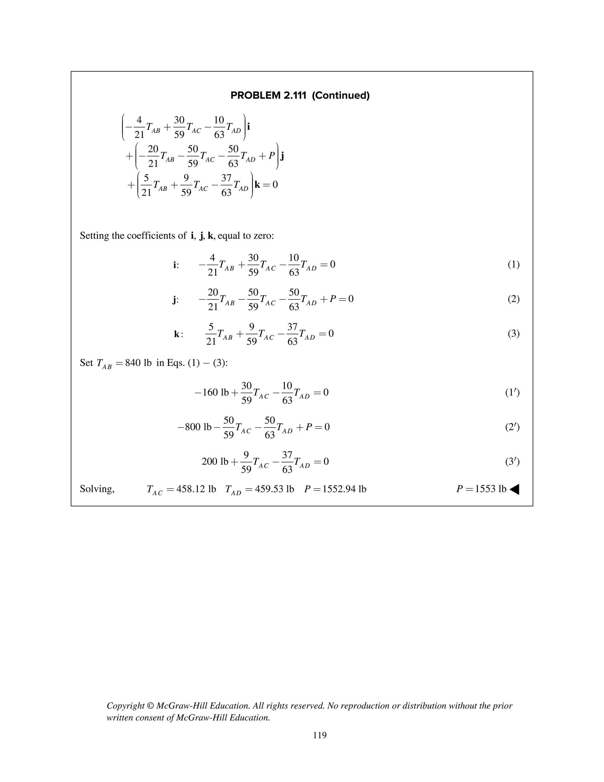 Copyright © McGraw-Hill Education. All rights reserved. No reproduction or distribution without the prior
written consent of McGraw-Hill Education.
119
PROBLEM 2.111 (Continued)
4 30 10
21 59 63
20 50 50
21 59 63
5 9 37
0
21 59 63
AB AC AD
AB AC AD
AB AC AD
T T T
T T T P
T T T
æ ö÷ç- + - ÷ç ÷ç ÷è ø
æ ö÷ç+ - - - + ÷ç ÷ç ÷è ø
æ ö÷ç+ + - ÷ =ç ÷ç ÷è ø
i
j
k
Setting the coefficients of , , ,i j k equal to zero:
:i
4 30 10
0
21 59 63AB AC ADT T T- + - = (1)
:j
20 50 50
0
21 59 63AB AC ADT T T P- - - + = (2)
:k
5 9 37
0
21 59 63AB AC ADT T T+ - = (3)
Set 840 lbABT = in Eqs. (1) - (3):
30 10
160 lb 0
59 63AC ADT T- + - = (1¢)
50 50
800 lb 0
59 63AC ADT T P- - - + = (2¢)
9 37
200 lb 0
59 63AC ADT T+ - = (3¢)
Solving, 458.12 lb 459.53 lb 1552.94 lbAC ADT T P= = = 1553 lbP = ◀
 