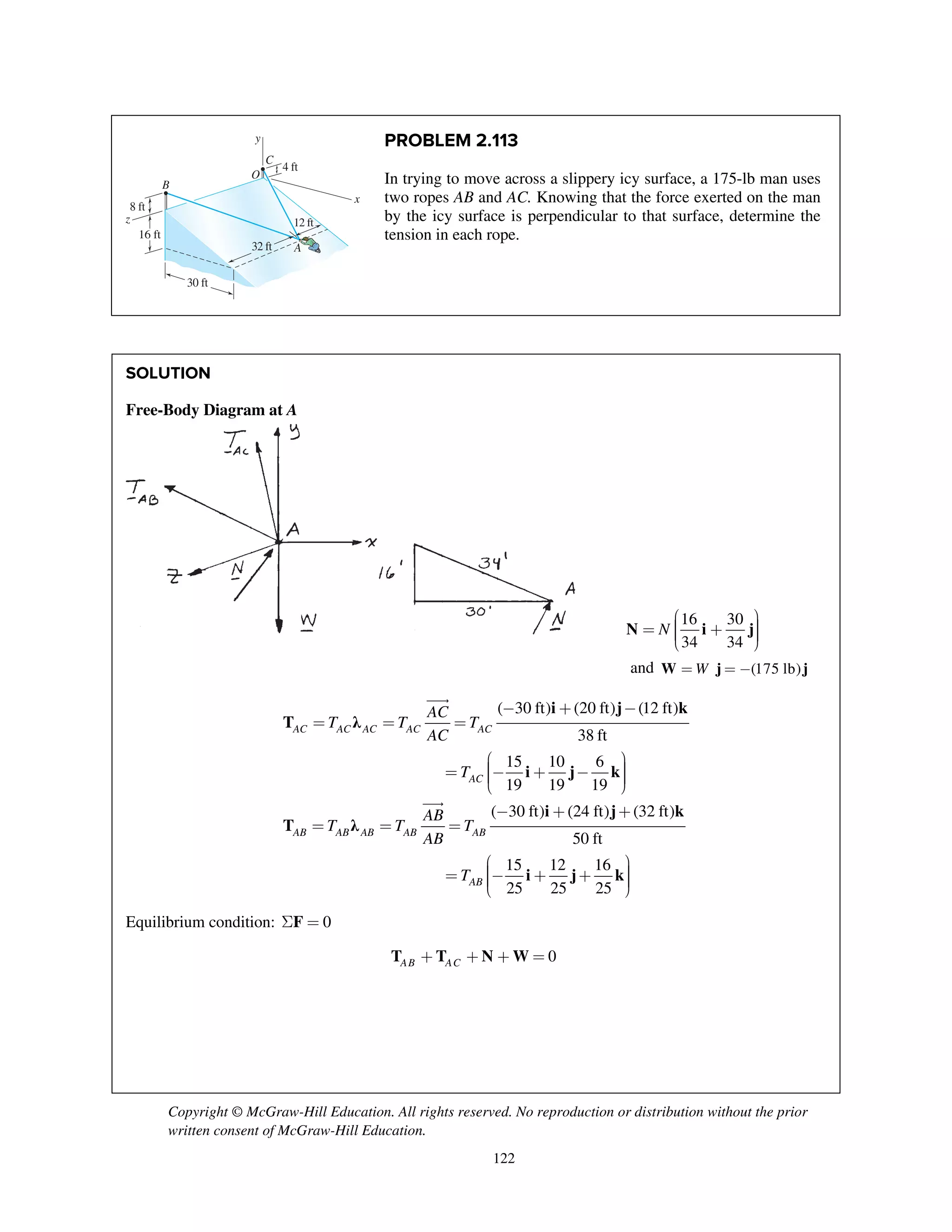 Copyright © McGraw-Hill Education. All rights reserved. No reproduction or distribution without the prior
written consent of McGraw-Hill Education.
122
PROBLEM 2.113
In trying to move across a slippery icy surface, a 175-lb man uses
two ropes AB and AC. Knowing that the force exerted on the man
by the icy surface is perpendicular to that surface, determine the
tension in each rope.
SOLUTION
Free-Body Diagram at A
16 30
34 34
N
æ ö÷ç= + ÷ç ÷ç ÷è ø
N i j
and (175 lb)W= = -W j j
i j k
T λ
i j k
( 30 ft) (20 ft) (12 ft)
38 ft
15 10 6
19 19 19
AC AC AC AC AC
AC
AC
T T T
AC
T
- + -
= = =
æ ö÷ç= - + - ÷ç ÷ç ÷è ø

i j k
T λ
i j k
( 30 ft) (24 ft) (32 ft)
50 ft
15 12 16
25 25 25
AB AB AB AB AB
AB
AB
T T T
AB
T
- + +
= = =
æ ö÷ç= - + + ÷ç ÷ç ÷è ø

Equilibrium condition: 0S =F
0AB AC+ + + =T T N W
z
16 ft
8 ft
B
A
C
O
x
y
4 ft
30 ft
32 ft
12 ft
 