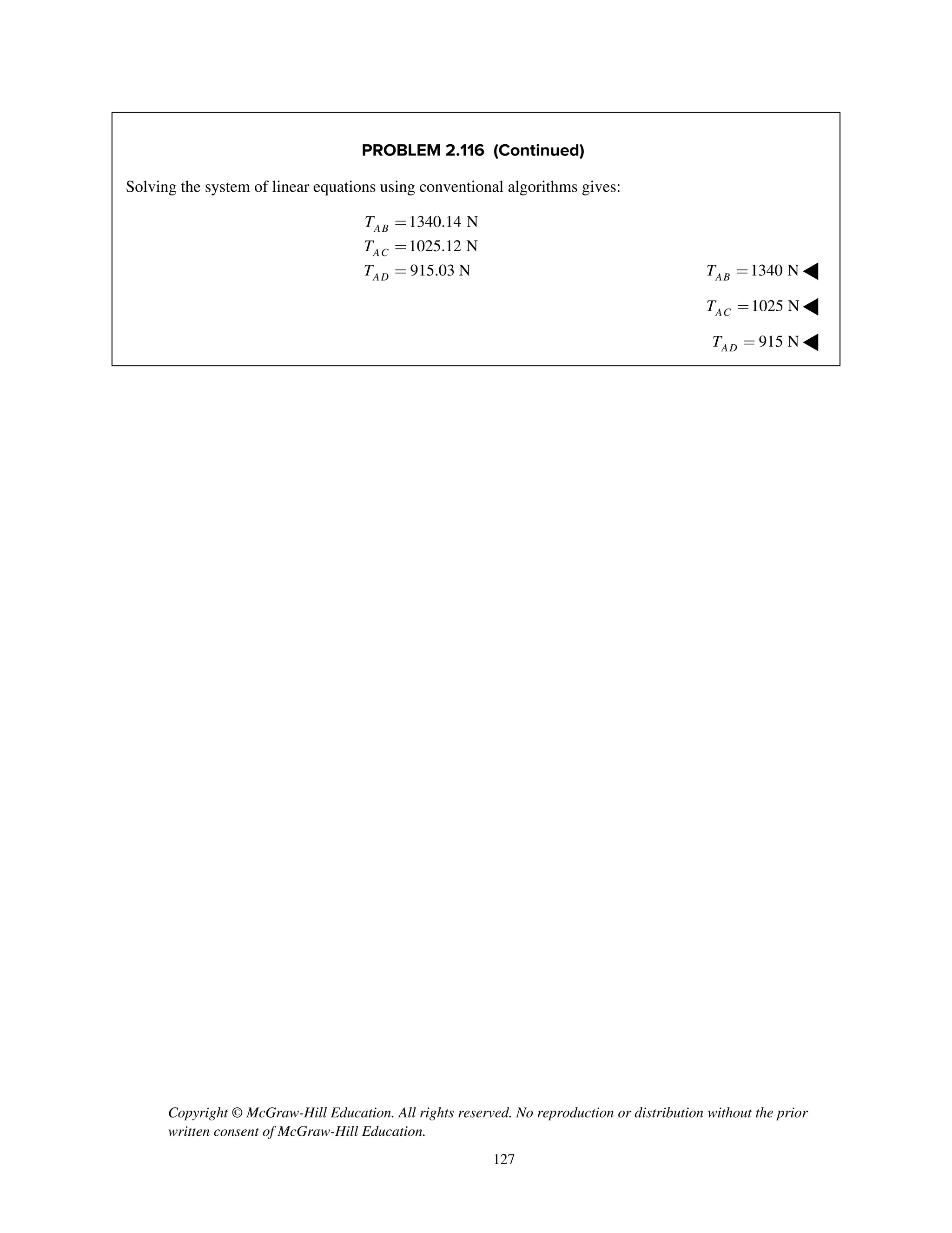 Copyright © McGraw-Hill Education. All rights reserved. No reproduction or distribution without the prior
written consent of McGraw-Hill Education.
127
PROBLEM 2.116 (Continued)
Solving the system of linear equations using conventional algorithms gives:
1340.14 N
1025.12 N
915.03 N
AB
AC
AD
T
T
T
=
=
= 1340 NABT = ◀
1025 NACT = ◀
915 NADT = ◀
 