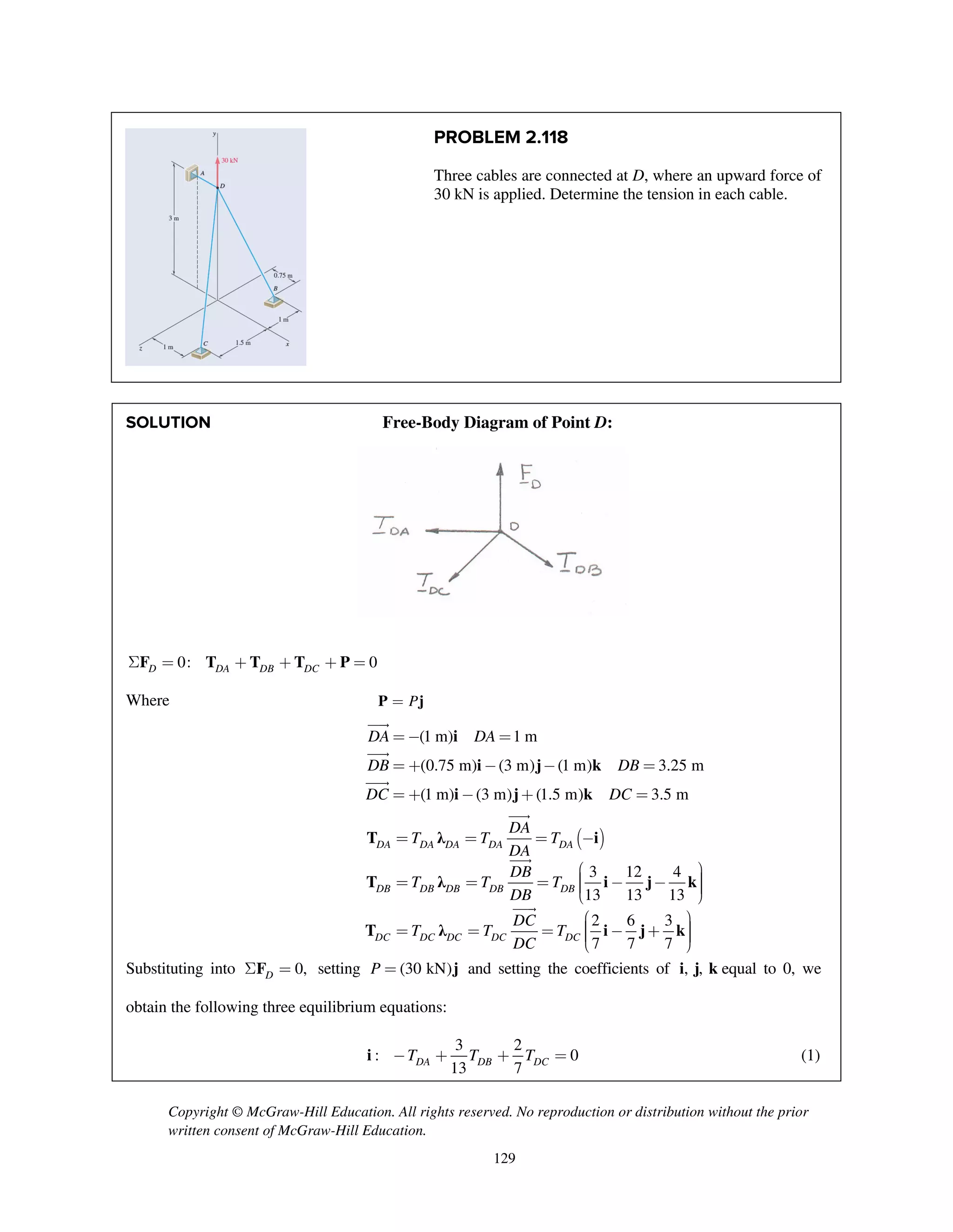 Copyright © McGraw-Hill Education. All rights reserved. No reproduction or distribution without the prior
written consent of McGraw-Hill Education.
129
PROBLEM 2.118
Three cables are connected at D, where an upward force of
30 kN is applied. Determine the tension in each cable.
SOLUTION Free-Body Diagram of Point D:
0: 0D DA DB DCS = + + + =F T T T P
Where P=P j
i
i j k
i j k
(1 m) 1 m
(0.75 m) (3 m) (1 m) 3.25 m
(1 m) (3 m) (1.5 m) 3.5 m
DA DA
DB DB
DC DC
=- =
= + - - =
= + - + =



( )T λ i
T λ i j k
T λ i j k
3 12 4
13 13 13
2 6 3
7 7 7
DA DA DA DA DA
DB DB DB DB DB
DC DC DC DC DC
DA
T T T
DA
DB
T T T
DB
DC
T T T
DC
= = = -
æ ö÷ç= = = - - ÷ç ÷ç ÷è ø
æ ö÷ç= = = - + ÷ç ÷ç ÷è ø



Substituting into 0,DS =F setting (30 kN)P = j and setting the coefficients of , ,i j k equal to 0, we
obtain the following three equilibrium equations:
3 2
: 0
13 7DA DB DCT T T- + + =i (1)
 
