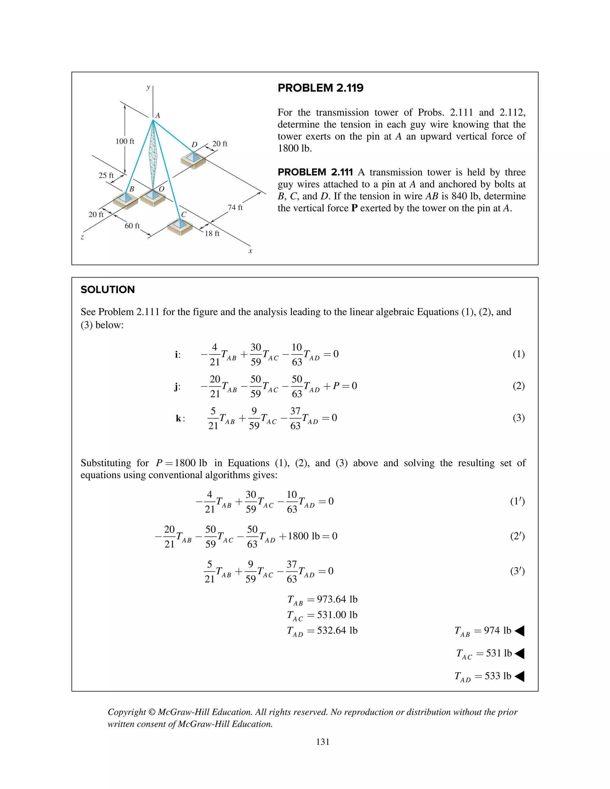 Copyright © McGraw-Hill Education. All rights reserved. No reproduction or distribution without the prior
written consent of McGraw-Hill Education.
131
PROBLEM 2.119
For the transmission tower of Probs. 2.111 and 2.112,
determine the tension in each guy wire knowing that the
tower exerts on the pin at A an upward vertical force of
1800 lb.
PROBLEM 2.111 A transmission tower is held by three
guy wires attached to a pin at A and anchored by bolts at
B, C, and D. If the tension in wire AB is 840 lb, determine
the vertical force P exerted by the tower on the pin at A.
SOLUTION
See Problem 2.111 for the figure and the analysis leading to the linear algebraic Equations (1), (2), and
(3) below:
:i
4 30 10
0
21 59 63AB AC ADT T T- + - = (1)
:j
20 50 50
0
21 59 63AB AC ADT T T P- - - + = (2)
:k
5 9 37
0
21 59 63AB AC ADT T T+ - = (3)
Substituting for 1800 lbP = in Equations (1), (2), and (3) above and solving the resulting set of
equations using conventional algorithms gives:
4 30 10
0
21 59 63AB AC ADT T T- + - = (1¢)
20 50 50
1800 lb 0
21 59 63AB AC ADT T T- - - + = (2¢)
5 9 37
0
21 59 63AB AC ADT T T+ - = (3¢)
973.64 lb
531.00 lb
532.64 lb
AB
AC
AD
T
T
T
=
=
= 974 lbABT = ◀
531 lbACT = ◀
533 lbADT = ◀
y
A
100 ft
B
C
O
D
60 ft
z
x
74 ft
18 ft
20 ft
25 ft
20 ft
 