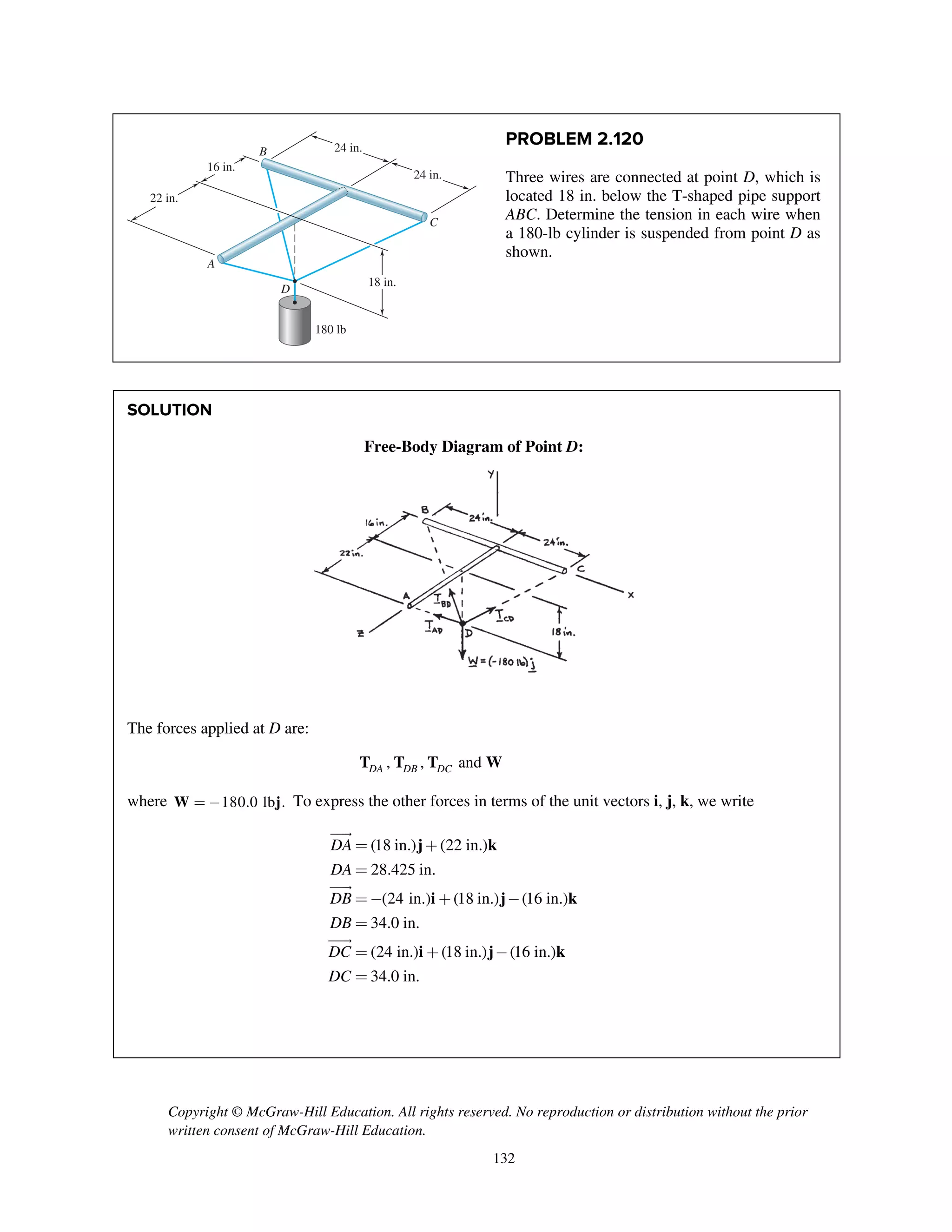 Copyright © McGraw-Hill Education. All rights reserved. No reproduction or distribution without the prior
written consent of McGraw-Hill Education.
132
PROBLEM 2.120
Three wires are connected at point D, which is
located 18 in. below the T-shaped pipe support
ABC. Determine the tension in each wire when
a 180-lb cylinder is suspended from point D as
shown.
SOLUTION
Free-Body Diagram of Point D:
The forces applied at D are:
, , andDA DB DCT T T W
where 180.0 lb .= -W j To express the other forces in terms of the unit vectors i, j, k, we write
j k
i j k
i j k
(18 in.) (22 in.)
28.425 in.
(24 in.) (18 in.) (16 in.)
34.0 in.
(24 in.) (18 in.) (16 in.)
34.0 in.
DA
DA
DB
DB
DC
DC
= +
=
=- + -
=
= + -
=



180 lb
D
A
B
C
18 in.
16 in.
22 in.
24 in.
24 in.
 