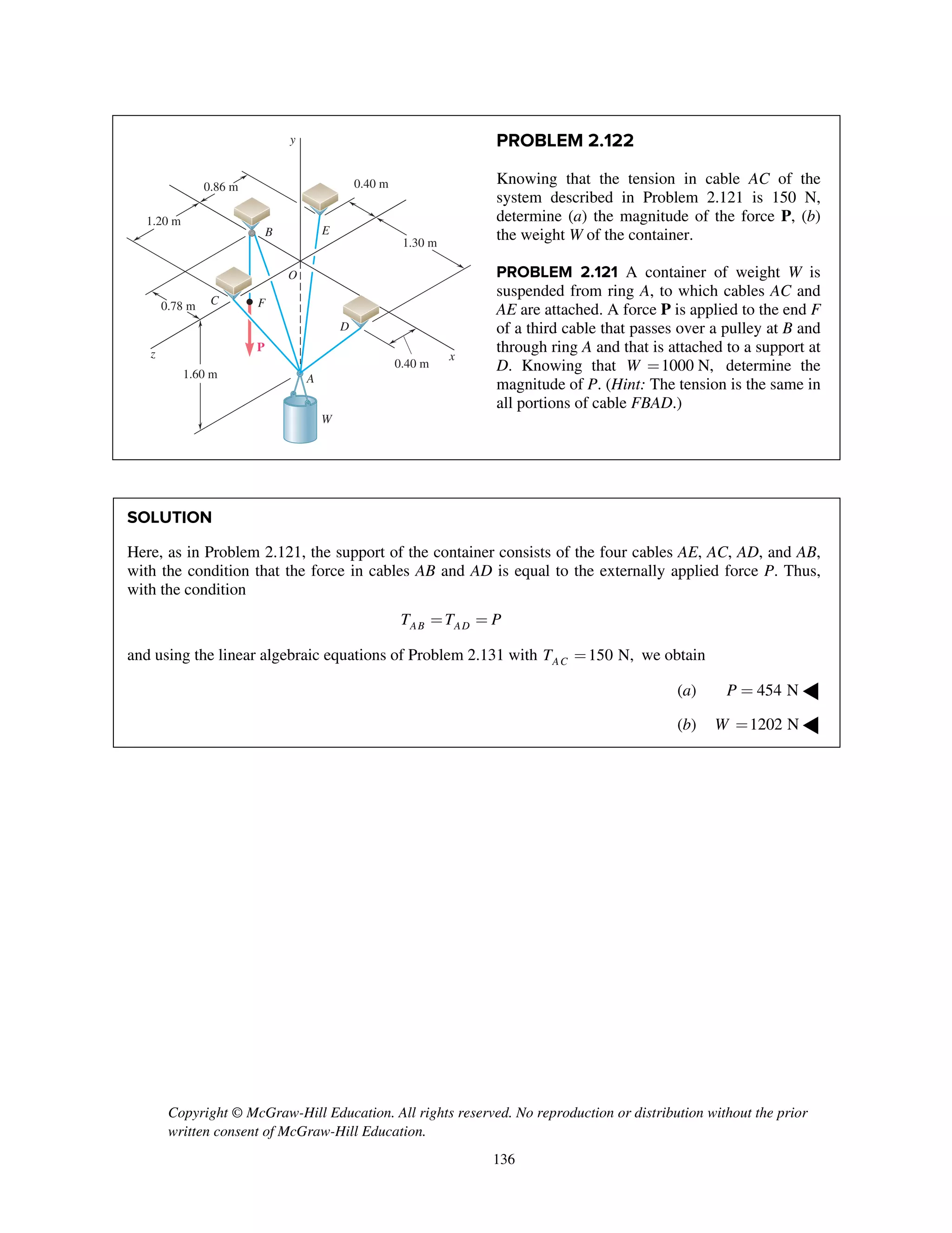 Copyright © McGraw-Hill Education. All rights reserved. No reproduction or distribution without the prior
written consent of McGraw-Hill Education.
136
PROBLEM 2.122
Knowing that the tension in cable AC of the
system described in Problem 2.121 is 150 N,
determine (a) the magnitude of the force P, (b)
the weight W of the container.
PROBLEM 2.121 A container of weight W is
suspended from ring A, to which cables AC and
AE are attached. A force P is applied to the end F
of a third cable that passes over a pulley at B and
through ring A and that is attached to a support at
D. Knowing that 1000 N,W = determine the
magnitude of P. (Hint: The tension is the same in
all portions of cable FBAD.)
SOLUTION
Here, as in Problem 2.121, the support of the container consists of the four cables AE, AC, AD, and AB,
with the condition that the force in cables AB and AD is equal to the externally applied force P. Thus,
with the condition
AB ADT T P= =
and using the linear algebraic equations of Problem 2.131 with 150 N,ACT = we obtain
(a) 454 NP = ◀
(b) 1202 NW = ◀
y
xz
0.78 m
0.40 m
0.40 m
P
O
B
F
E
C
W
A
D
1.60 m
0.86 m
1.20 m
1.30 m
 
