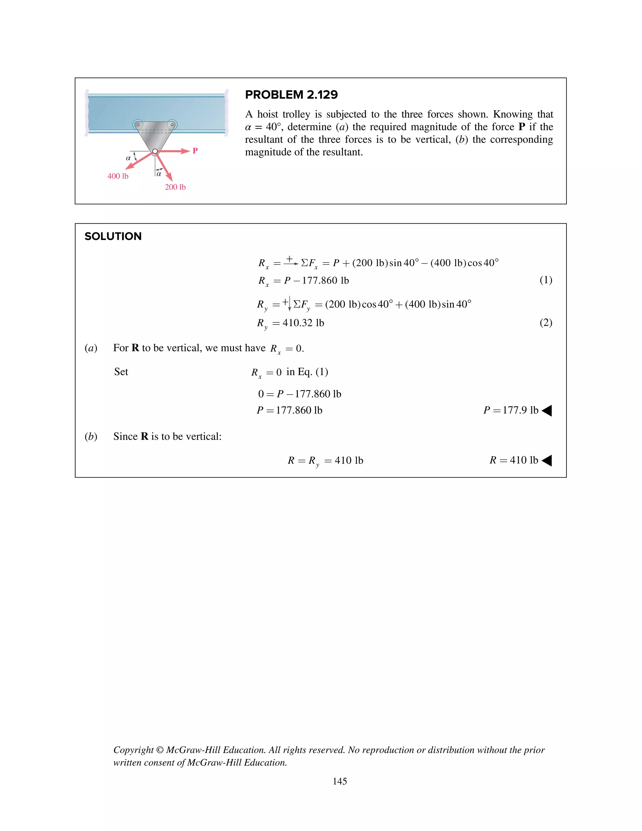 Copyright © McGraw-Hill Education. All rights reserved. No reproduction or distribution without the prior
written consent of McGraw-Hill Education.
145
PROBLEM 2.129
A hoist trolley is subjected to the three forces shown. Knowing that
α = 40°, determine (a) the required magnitude of the force P if the
resultant of the three forces is to be vertical, (b) the corresponding
magnitude of the resultant.
SOLUTION
xR = (200 lb)sin 40 (400 lb)cos 40xF PS = +  - 
177.860 lbxR P= - (1)
yR = (200 lb)cos40 (400 lb)sin 40yFS =  + 
410.32 lbyR = (2)
(a) For R to be vertical, we must have 0.xR =
Set 0xR = in Eq. (1)
0 177.860 lb
177.860 lb
P
P
= -
= 177.9 lbP = ◀
(b) Since R is to be vertical:
410 lbyR R= = 410 lbR = ◀
α
α
200 lb
400 lb
P
 