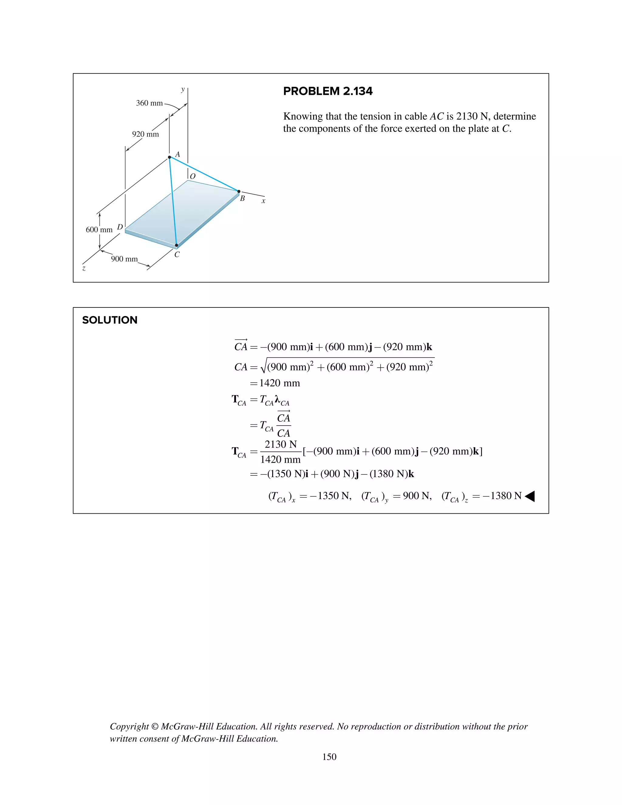 Copyright © McGraw-Hill Education. All rights reserved. No reproduction or distribution without the prior
written consent of McGraw-Hill Education.
150
PROBLEM 2.134
Knowing that the tension in cable AC is 2130 N, determine
the components of the force exerted on the plate at C.
SOLUTION
i j k
T λ
T i j k
i j k
2 2 2
(900 mm) (600 mm) (920 mm)
(900 mm) (600 mm) (920 mm)
1420 mm
2130 N
[ (900 mm) (600 mm) (920 mm) ]
1420 mm
(1350 N) (900 N) (1380 N)
CA CA CA
CA
CA
CA
CA
T
CA
T
CA
=- + -
= + +
=
=
=
= - + -
=- + -


( ) 1350 N, ( ) 900 N, ( ) 1380 NCA x CA y CA zT T T=- = = - ◀
x
y
z
A
B
D
C
O
600 mm
920 mm
360 mm
900 mm
 