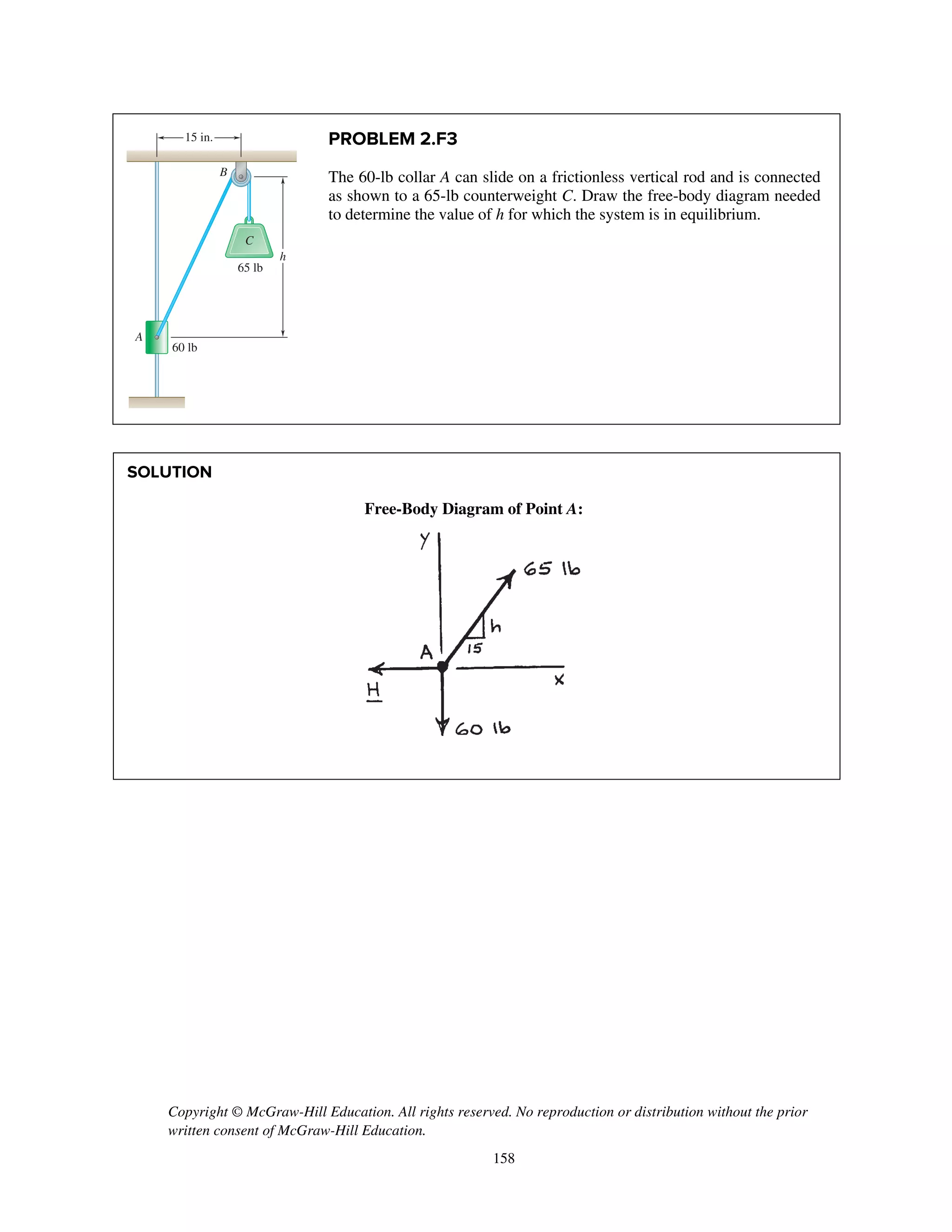 Copyright © McGraw-Hill Education. All rights reserved. No reproduction or distribution without the prior
written consent of McGraw-Hill Education.
158
PROBLEM 2.F3
The 60-lb collar A can slide on a frictionless vertical rod and is connected
as shown to a 65-lb counterweight C. Draw the free-body diagram needed
to determine the value of h for which the system is in equilibrium.
SOLUTION
Free-Body Diagram of Point A:
65 lb
60 lb
C
A
B
h
15 in.
 