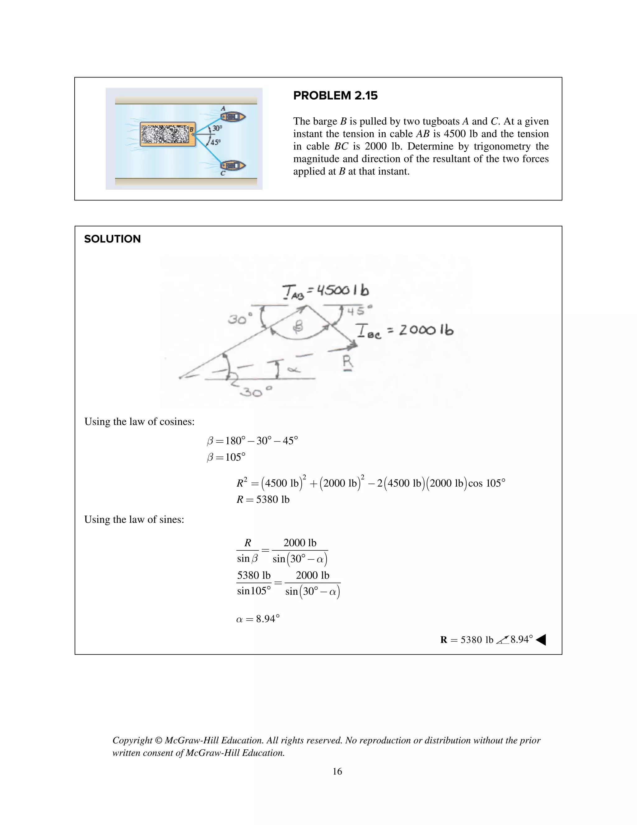 Copyright © McGraw-Hill Education. All rights reserved. No reproduction or distribution without the prior
written consent of McGraw-Hill Education.
16
PROBLEM 2.15
The barge B is pulled by two tugboats A and C. At a given
instant the tension in cable AB is 4500 lb and the tension
in cable BC is 2000 lb. Determine by trigonometry the
magnitude and direction of the resultant of the two forces
applied at B at that instant.
SOLUTION
Using the law of cosines:
180 30 45
105
b
b
= - - 
= 
( ) ( ) ( )( )
2 22
4500 lb 2000 lb 2 4500 lb 2000 lb cos 105
5380 lb
R
R
= + - 
=
Using the law of sines:
( )
( )
2000 lb
sin sin 30
5380 lb 2000 lb
sin105 sin 30
R
b a
a
=
-
=
 -
8.94a = 
5380 lb=R 8.94 ◀
 