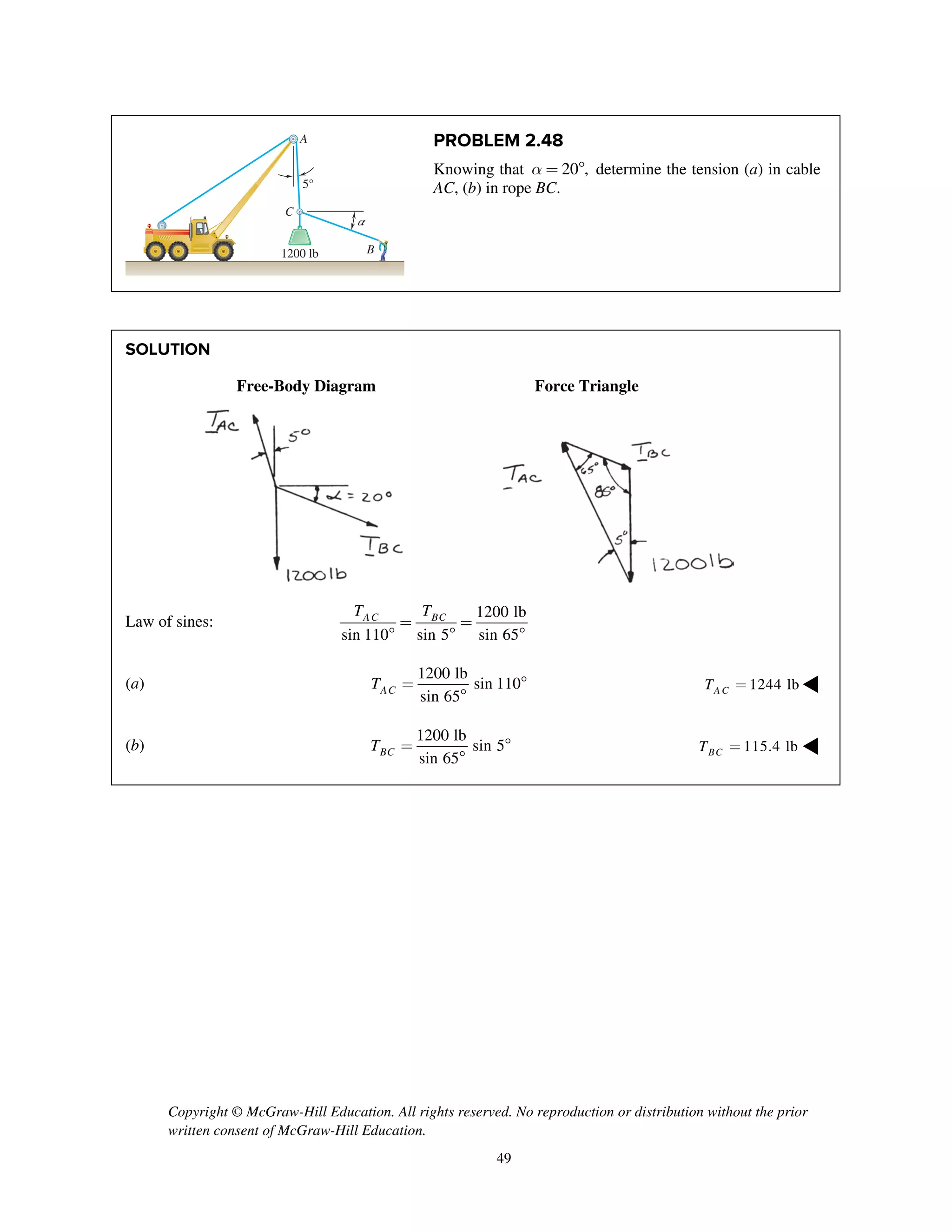 Copyright © McGraw-Hill Education. All rights reserved. No reproduction or distribution without the prior
written consent of McGraw-Hill Education.
49
PROBLEM 2.48
Knowing that 20 ,a =  determine the tension (a) in cable
AC, (b) in rope BC.
SOLUTION
Free-Body Diagram Force Triangle
Law of sines:
1200 lb
sin 110 sin 5 sin 65
AC BCT T
= =
  
(a)
1200 lb
sin 110
sin 65ACT = 

1244 lbA CT = ◀
(b)
1200 lb
sin 5
sin 65BCT = 

115.4 lbBCT = ◀
5°
A
C
B
α
1200 lb
 
