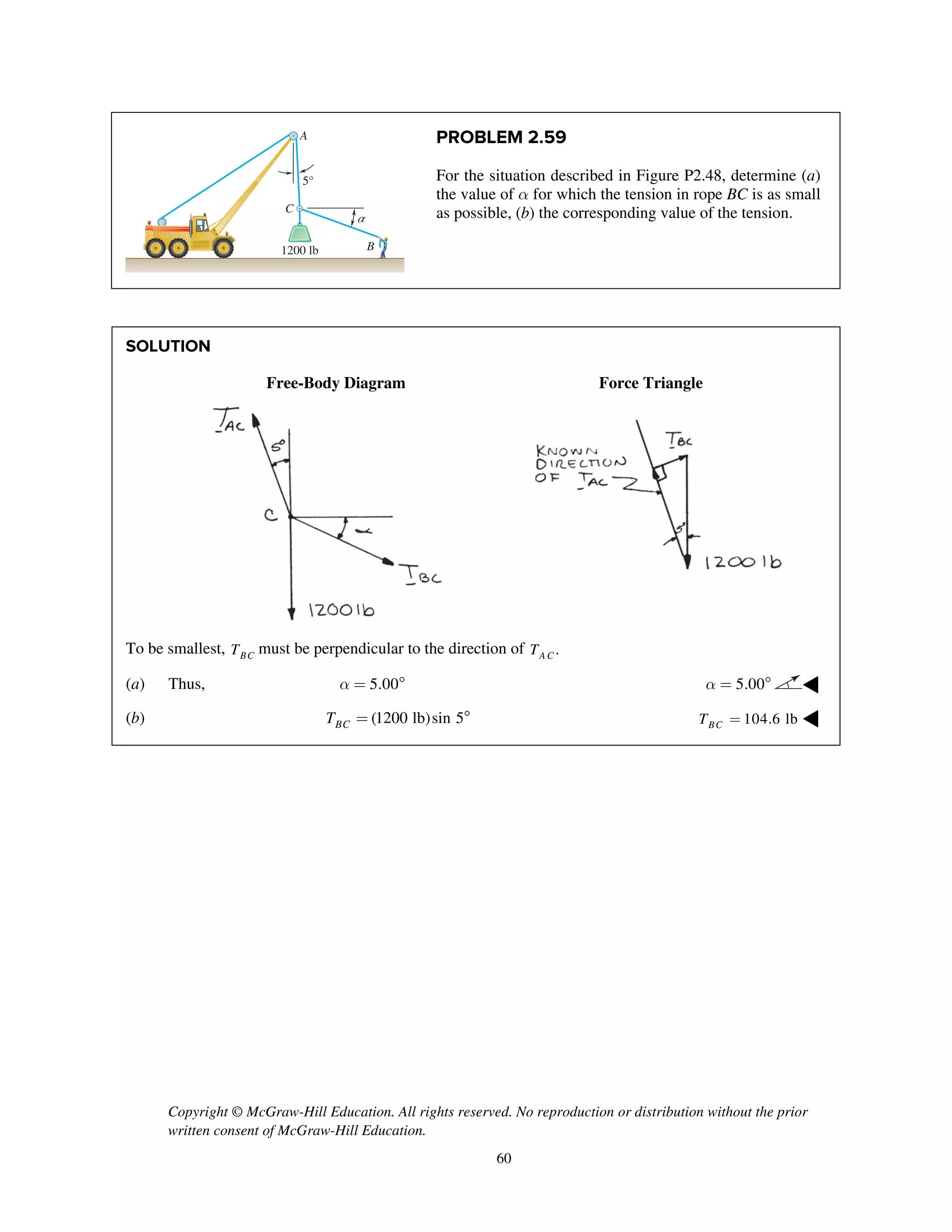 Copyright © McGraw-Hill Education. All rights reserved. No reproduction or distribution without the prior
written consent of McGraw-Hill Education.
60
PROBLEM 2.59
For the situation described in Figure P2.48, determine (a)
the value of a for which the tension in rope BC is as small
as possible, (b) the corresponding value of the tension.
SOLUTION
Free-Body Diagram Force Triangle
To be smallest, BCT must be perpendicular to the direction of .A CT
(a) Thus, 5.00a =  5.00a =  ◀
(b) (1200 lb)sin 5BCT =  104.6 lbBCT = ◀
5°
A
C
B
α
1200 lb
 