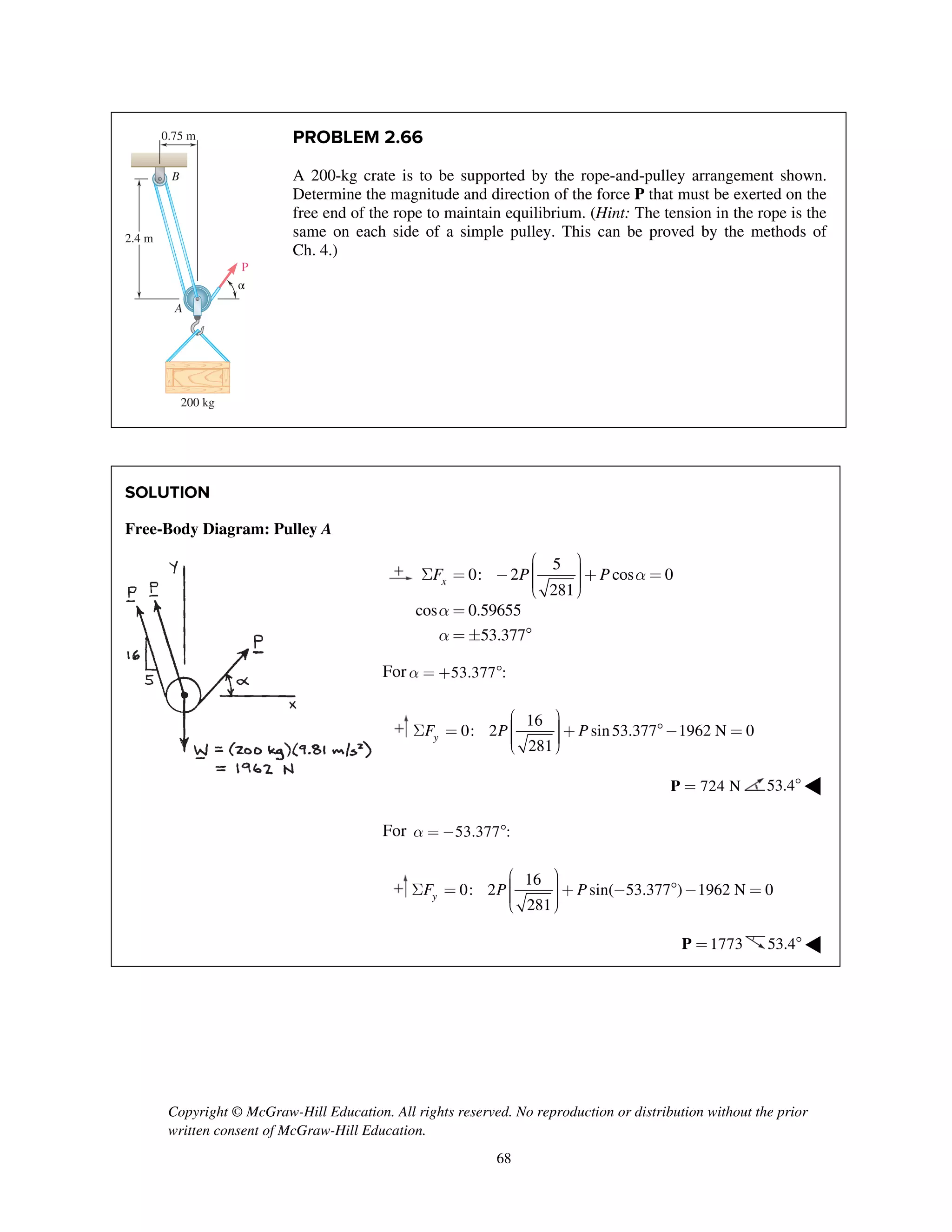 Copyright © McGraw-Hill Education. All rights reserved. No reproduction or distribution without the prior
written consent of McGraw-Hill Education.
68
PROBLEM 2.66
A 200-kg crate is to be supported by the rope-and-pulley arrangement shown.
Determine the magnitude and direction of the force P that must be exerted on the
free end of the rope to maintain equilibrium. (Hint: The tension in the rope is the
same on each side of a simple pulley. This can be proved by the methods of
Ch. 4.)
SOLUTION
Free-Body Diagram: Pulley A
5
0: 2 cos 0
281
cos 0.59655
53.377
xF P P a
a
a
æ ö÷ç ÷S = - + =ç ÷ç ÷çè ø
=
=  
For 53.377 :a = + 
16
0: 2 sin53.377 1962 N 0
281
yF P P
æ ö÷ç ÷S = + - =ç ÷ç ÷çè ø
724 N=P 53.4 ◀
For 53.377 :a = - 
16
0: 2 sin( 53.377 ) 1962 N 0
281
yF P P
æ ö÷ç ÷S = + -  - =ç ÷ç ÷çè ø
1773=P 53.4 ◀
2.4 m
P
A
α
200 kg
0.75 m
B
 