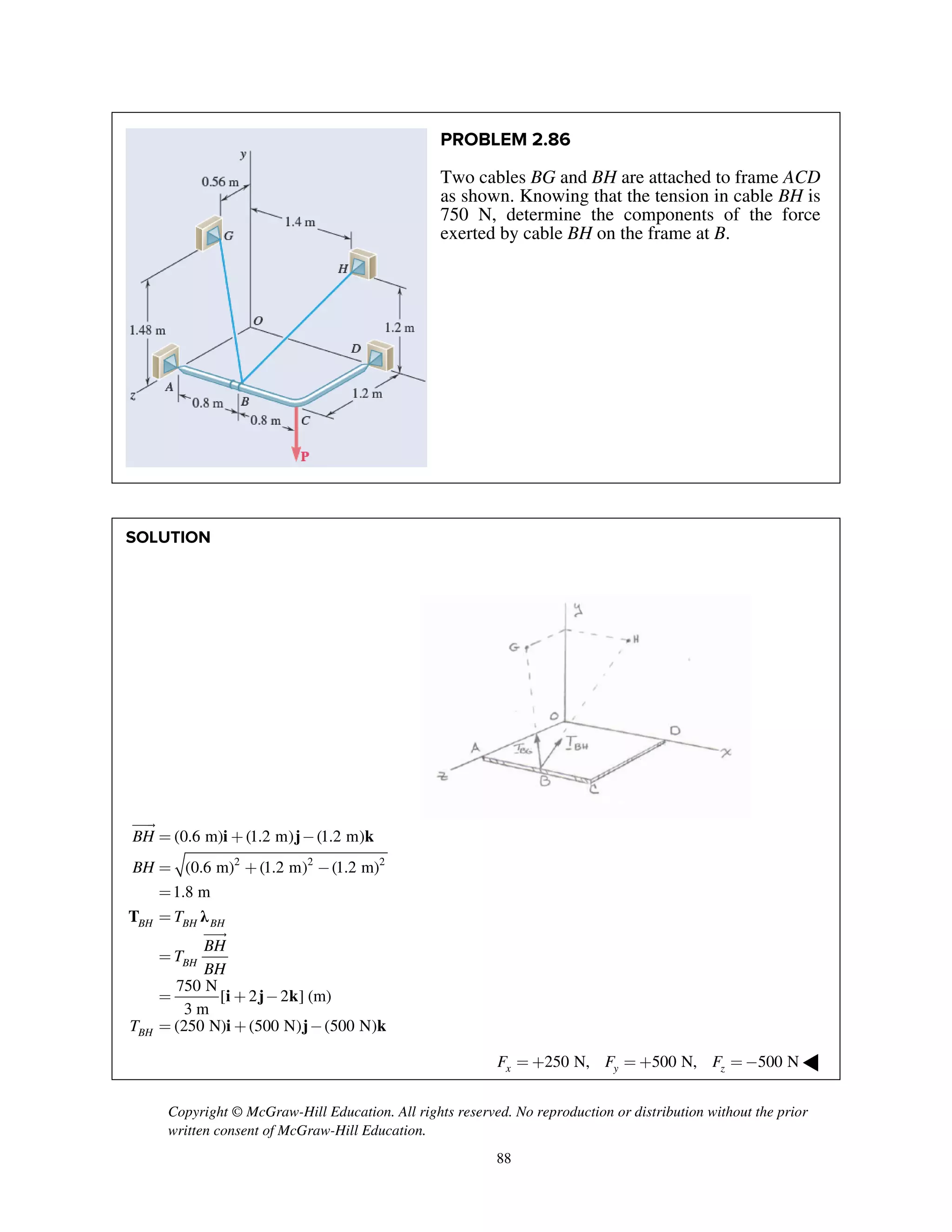 Copyright © McGraw-Hill Education. All rights reserved. No reproduction or distribution without the prior
written consent of McGraw-Hill Education.
88
PROBLEM 2.86
Two cables BG and BH are attached to frame ACD
as shown. Knowing that the tension in cable BH is
750 N, determine the components of the force
exerted by cable BH on the frame at B.
SOLUTION
i j k
T λ
i j k
i j k
2 2 2
(0.6 m) (1.2 m) (1.2 m)
(0.6 m) (1.2 m) (1.2 m)
1.8 m
750 N
[ 2 2 ] (m)
3 m
(250 N) (500 N) (500 N)
BH BH BH
BH
BH
BH
BH
T
BH
T
BH
T
= + -
= + -
=
=
=
= + -
= + -


250 N, 500 N, 500 Nx y zF F F= + = + =- ◀
 