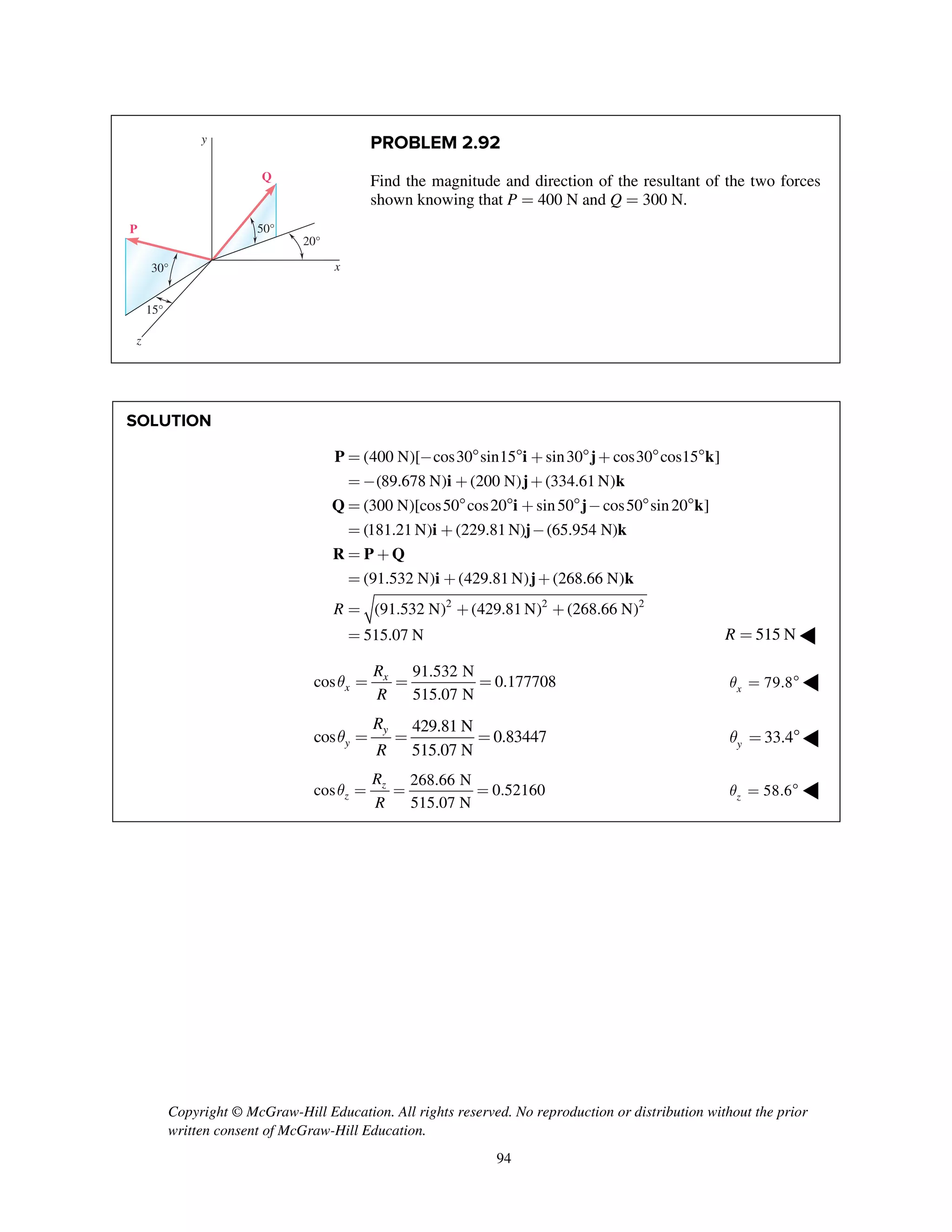 Copyright © McGraw-Hill Education. All rights reserved. No reproduction or distribution without the prior
written consent of McGraw-Hill Education.
94
PROBLEM 2.92
Find the magnitude and direction of the resultant of the two forces
shown knowing that P = 400 N and Q = 300 N.
SOLUTION
(400 N)[ cos30 sin15 sin30 cos30 cos15 ]
(89.678 N) (200 N) (334.61 N)
(300 N)[cos50 cos20 sin50 cos50 sin20 ]
(181.21 N) (229.81 N) (65.954 N)
(91.532 N) (429.81 N) (268.66 N)
(91.5R
= -   +  +  
=- + +
=   +  -  
= + -
= +
= + +
=
P i j k
i j k
Q i j k
i j k
R P Q
i j k
2 2 2
32 N) (429.81 N) (268.66 N)
515.07 N
+ +
= 515 NR = ◀
91.532 N
cos 0.177708
515.07 N
x
x
R
R
q = = = 79.8xq =  ◀
429.81 N
cos 0.83447
515.07 N
y
y
R
R
q = = = 33.4yq = ◀
268.66 N
cos 0.52160
515.07 N
z
z
R
R
q = = = 58.6zq =  ◀
z
x
y
30°
20°
15°
50°P
Q
 
