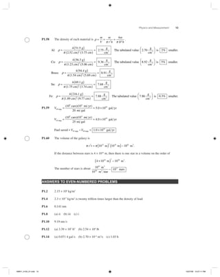 Physics and Measurement 13
P1.58 The density of each material is ρ
π π
= = =
m
V
m
r h
m
D h2 2
4
.
Al:
g
cm cm
g
cm3
ρ
π
=
( )
( ) ( )
=
4 51 5
2 52 3 75
2 752
.
. .
. TThe tabulated value
g
cm
is sma3
2 70 2. %⎛
⎝
⎞
⎠
lller.
Cu:
g
.23 cm .06 cm
g
cm3
ρ
π
=
( )
( ) ( )
=
4 56 3
1 5
9 362
.
. TThe tabulated value
g
cm
is sma3
8 92 5. %⎛
⎝
⎞
⎠
lller.
Brass:
4.4 g
.54 cm .69 cm
g
ρ
π
=
( )
( ) ( )
=
4 9
1 5
8 912 .
ccm3
Sn:
g
.75 cm .74 cm
g
cm3
ρ
π
=
( )
( ) ( )
=
4 69 1
1 3
7 682
.
.
Fe:
16.1 g
.89 cm .77 cm
g
cm
ρ
π
=
( )
( ) ( )
=
4 2
1 9
7 882 . 33 3
The tabulated value
g
cm
is7 86 0 3. . %⎛
⎝
⎞
⎠
ssmaller.
P1.59 V20 mpg
cars mi yr
mi gal
5.0 10= = ×
( )( )10 10
20
8 4
110
gal yr
V25 mpg
cars mi yr
mi gal
4.0 10= = ×
( )( )10 10
25
8 4
110
gal yr
Fuel saved gal yr25 mpg 20 mpg= − = ×V V 1 0 1010
.
P1.60 The volume of the galaxy is
π πr t2 21 2 19 61
10 10 10= ( ) ( )m m m3
~ .
If the distance between stars is 4 × 1016
m, then there is one star in a volume on the order of
4 10 1016 3 50
×( )m m3
~ .
The number of stars is about 10
10
10
61
50
11m
m star
stars
3
3
~ .
ANSWERS TO EVEN-NUMBERED PROBLEMS
P1.2 2.15 × 104
kgրm3
P1.4 2.3 × 1017
kgրm3
is twenty trillion times larger than the density of lead.
P1.6 0.141 nm
P1.8 (a) ii (b) iii (c) i
P1.10 9.19 nmրs
P1.12 (a) 3.39 × 105
ft3
(b) 2.54 × 104
lb
P1.14 (a) 0.071 4 galրs (b) 2.70 × 10−4
m3
րs (c) 1.03 h
ISMV1_5103_01.indd 13ISMV1_5103_01.indd 13 10/27/06 12:27:11 PM10/27/06 12:27:11 PM
 
