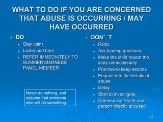 22
WHAT TO DO IF YOU ARE CONCERNED
THAT ABUSE IS OCCURRING / MAY
HAVE OCCURRED
 DO
 Stay calm
 Listen and hear
 REFER IMMEDIATELY TO
SUMMER MADNESS
PANEL MEMBER
 DON’T
 Panic
 Ask leading questions
 Make the child repeat the
story unnecessarily
 Promise to keep secrets
 Enquire into the details of
abuse
 Delay
 Start to investigate
 Communicate with any
person directly accused
Never do nothing, and
assume that someone
else will do something
 