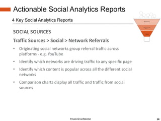 Actionable Social Analytics Reports
4 Key Social Analytics Reports

SOCIAL SOURCES
Traffic Sources > Social > Network Referrals
• Originating social networks group referral traffic across
  platforms - e.g. YouTube
• Identify which networks are driving traffic to any specific page
• Identify which content is popular across all the different social
  networks
• Comparison charts display all traffic and traffic from social
  sources




                                Private & Confidential                14
 