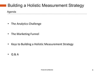 Building a Holistic Measurement Strategy
Agenda



• The Analytics Challenge


• The Marketing Funnel


• Keys to Building a Holistic Measurement Strategy


• Q&A



                         Private & Confidential      3
 
