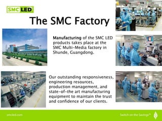The SMC Factory
Manufacturing of the SMC LED
products takes place at the
SMC Multi-Media factory in
Shunde, Guangdong.
Our outstanding responsiveness,
engineering resources,
production management, and
state-of-the art manufacturing
equipment to maintain the trust
and confidence of our clients.
 